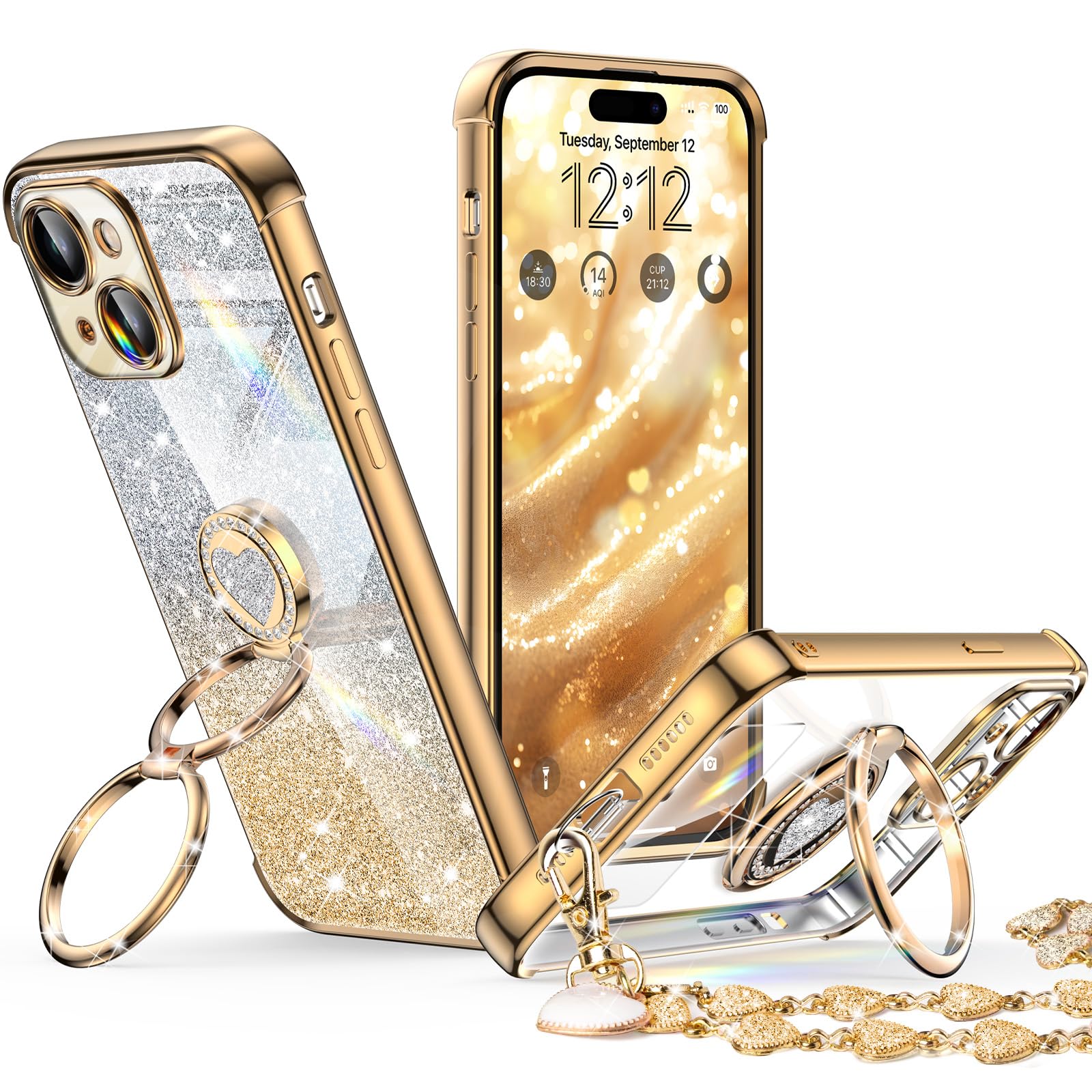 XYZ iPhone 15 Love Heart Ring Stand Case Gold