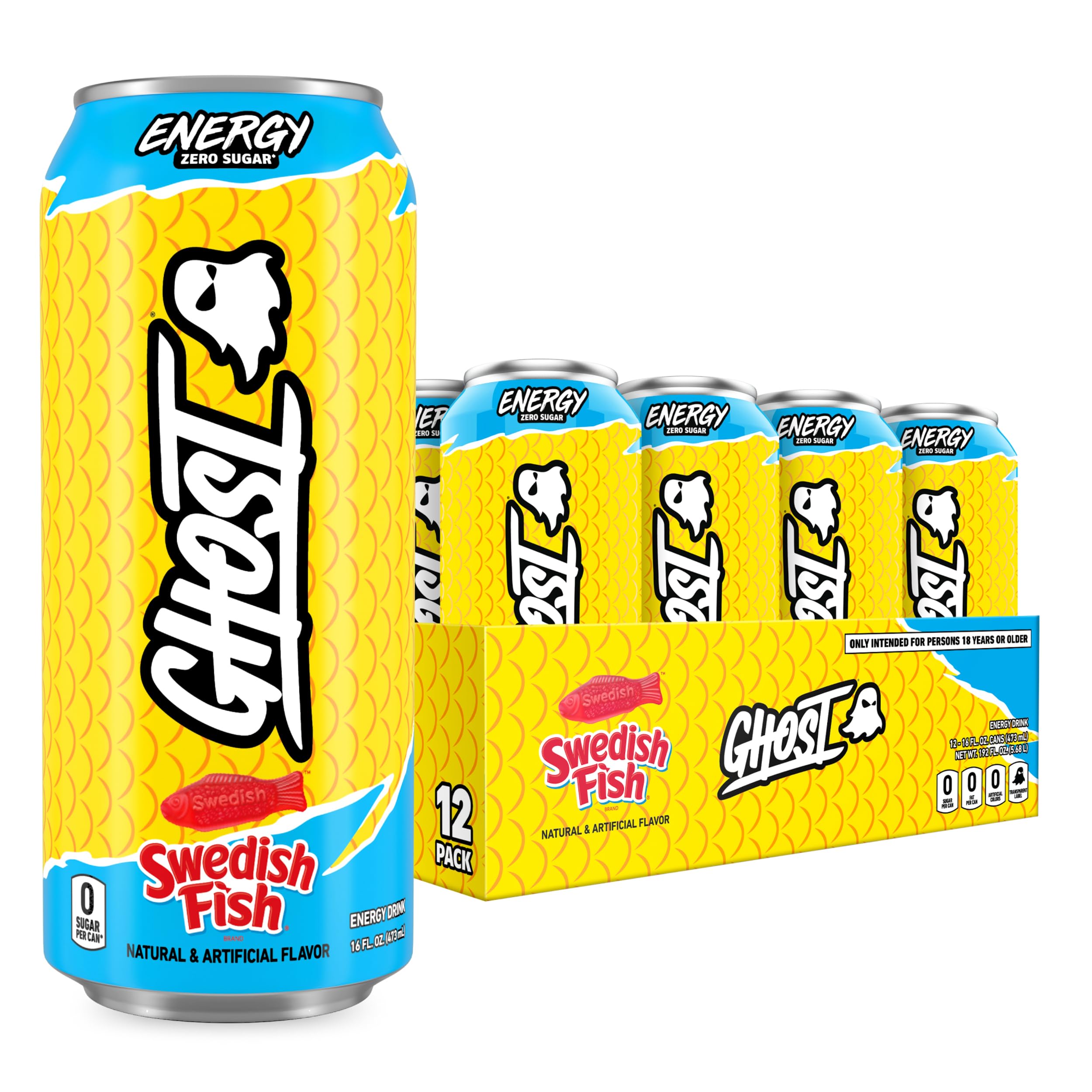 GHOST Energy Drink - 12-Pack, Swedish Fish, 16oz Cans - Energy & Focus & No Artificial Colors - 200mg of Natural Caffeine, L-Carnitine & Taurine - Gluten-Free & Vegan