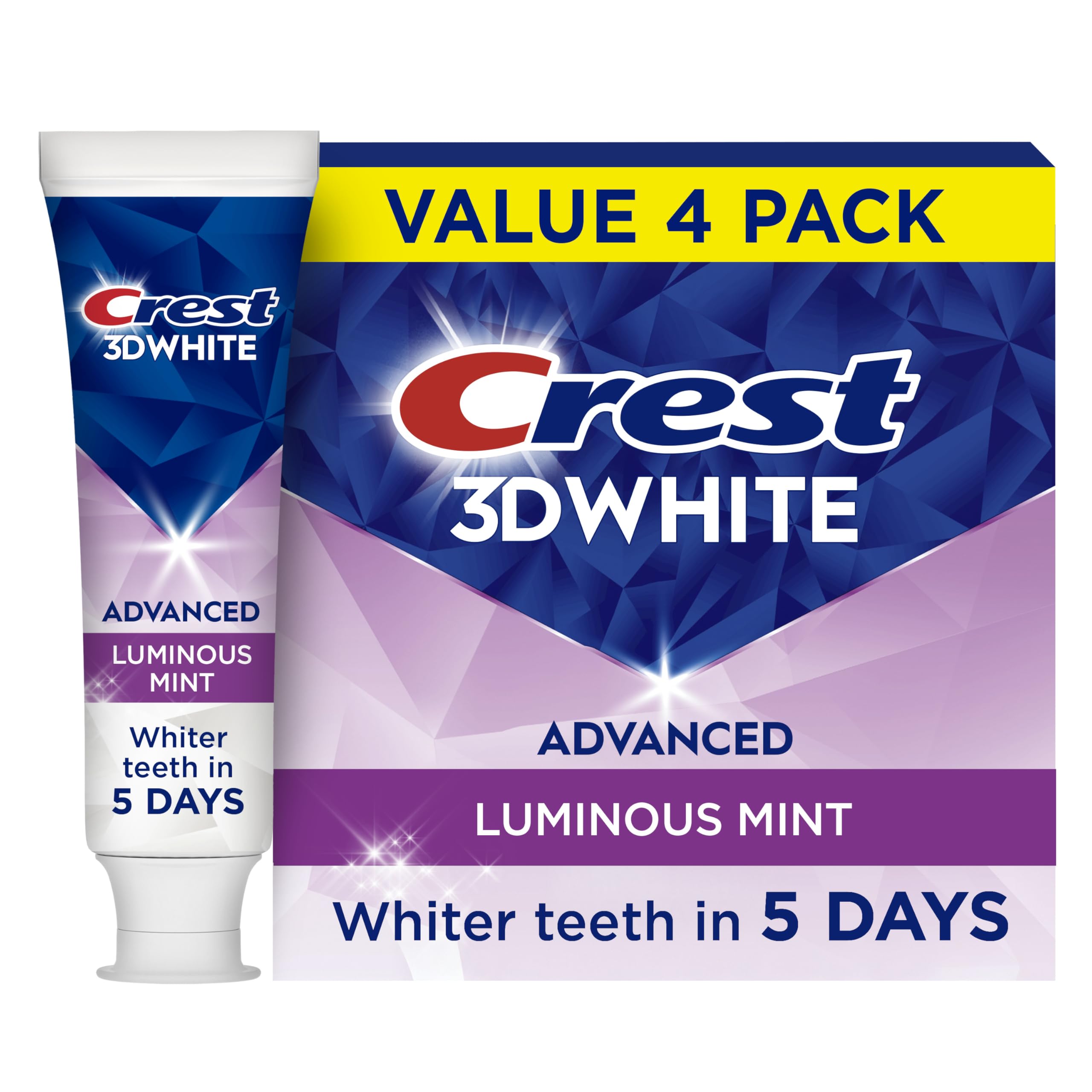 Crest 3D White Advanced Luminous Mint Teeth Whitening Toothpaste, Crest Toothpaste, 3.7 oz Pack of 4 - Helps Remove Surface Stains, Whitens Teeth, Strengthens Tooth Enamel, Protects Against Cavities