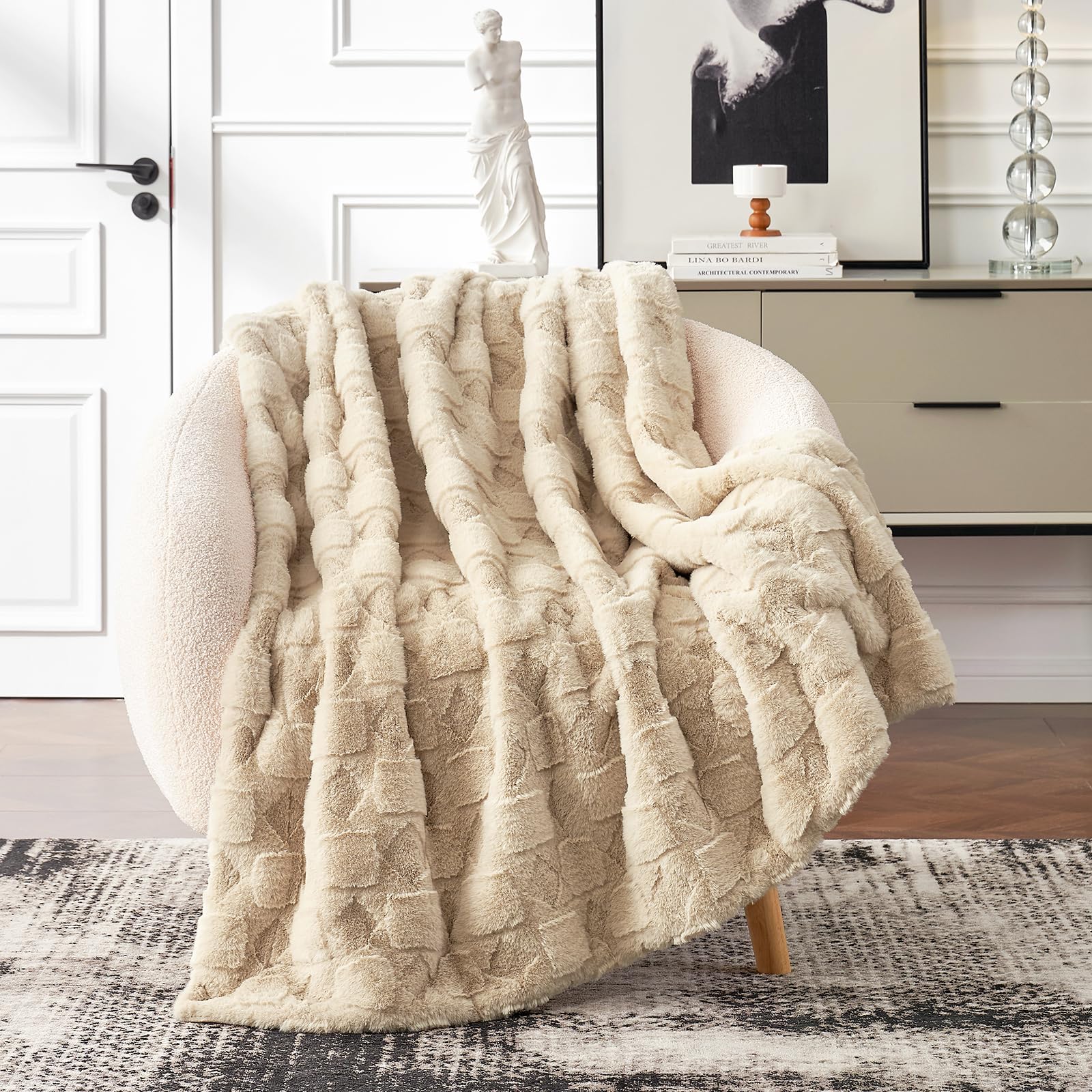 Cozy Bliss Khaki Beige Faux Fur Throw Blanket