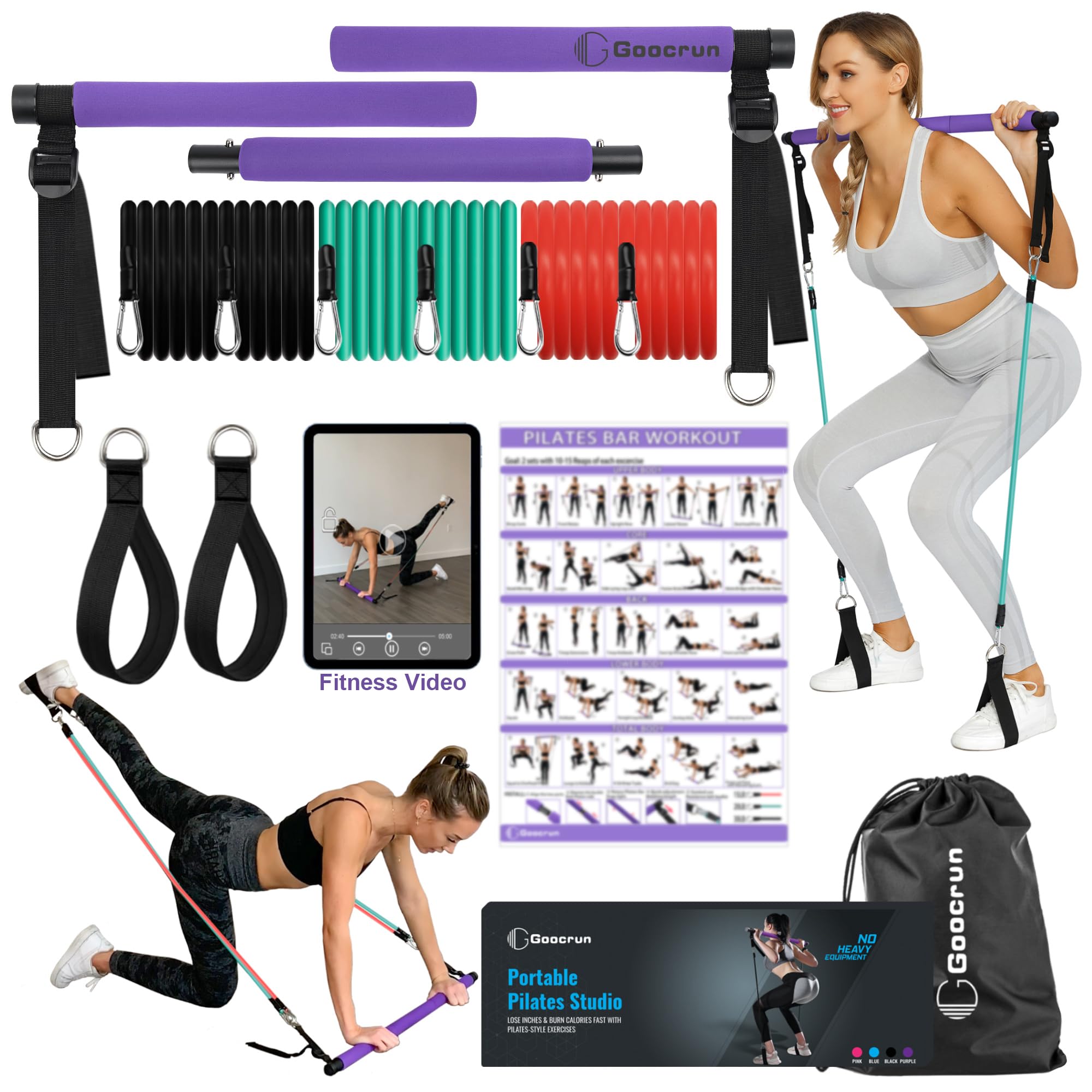 Goocrun Portable Pilates Bar Kit with Bands