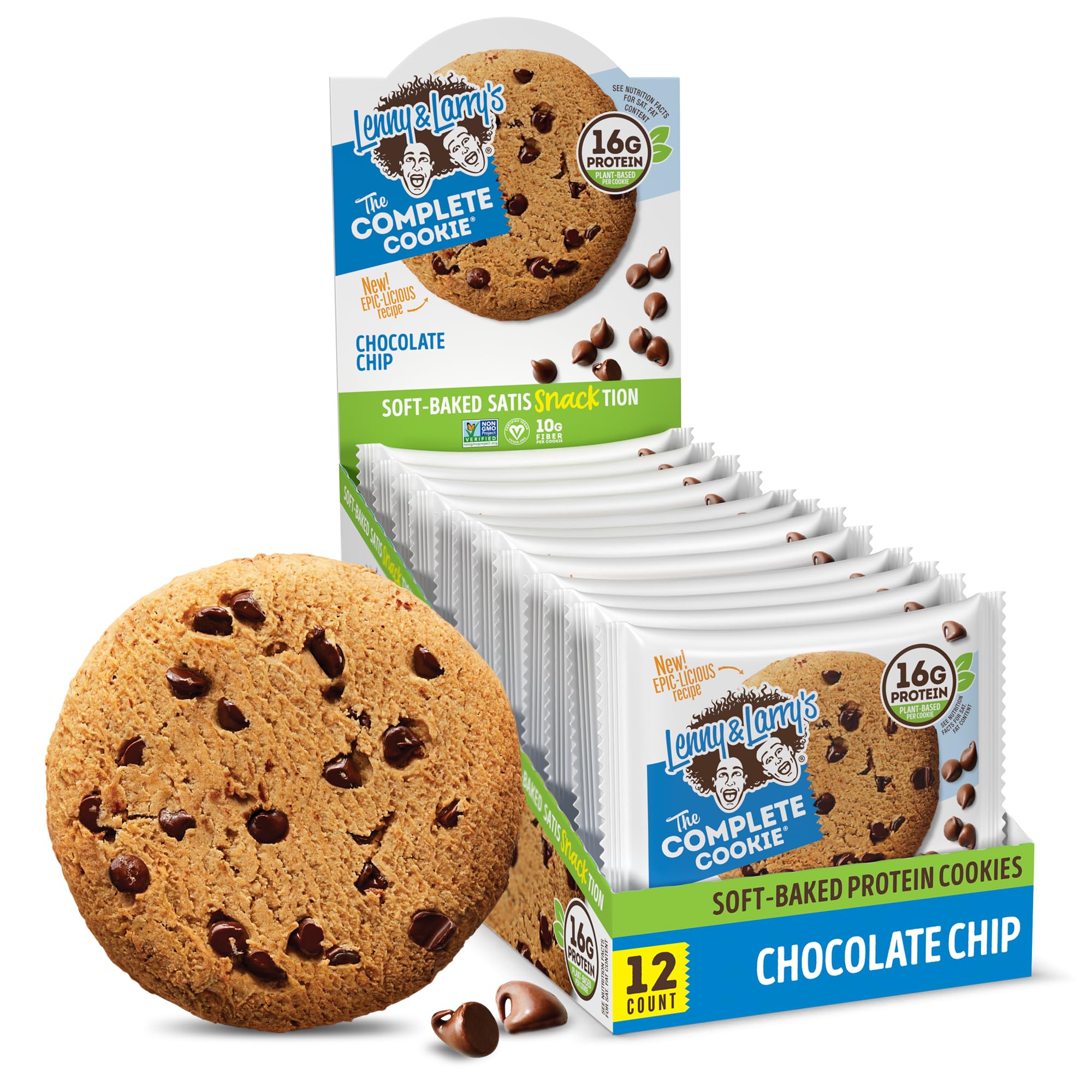 Lenny & Larry's Complete Protein Cookie, [Chocolate Chip], Chewy Soft Baked, 16g Plant Protein, Vegan, Non-GMO, High Fiber, 4 Ounce Cookie (Pack of 12)