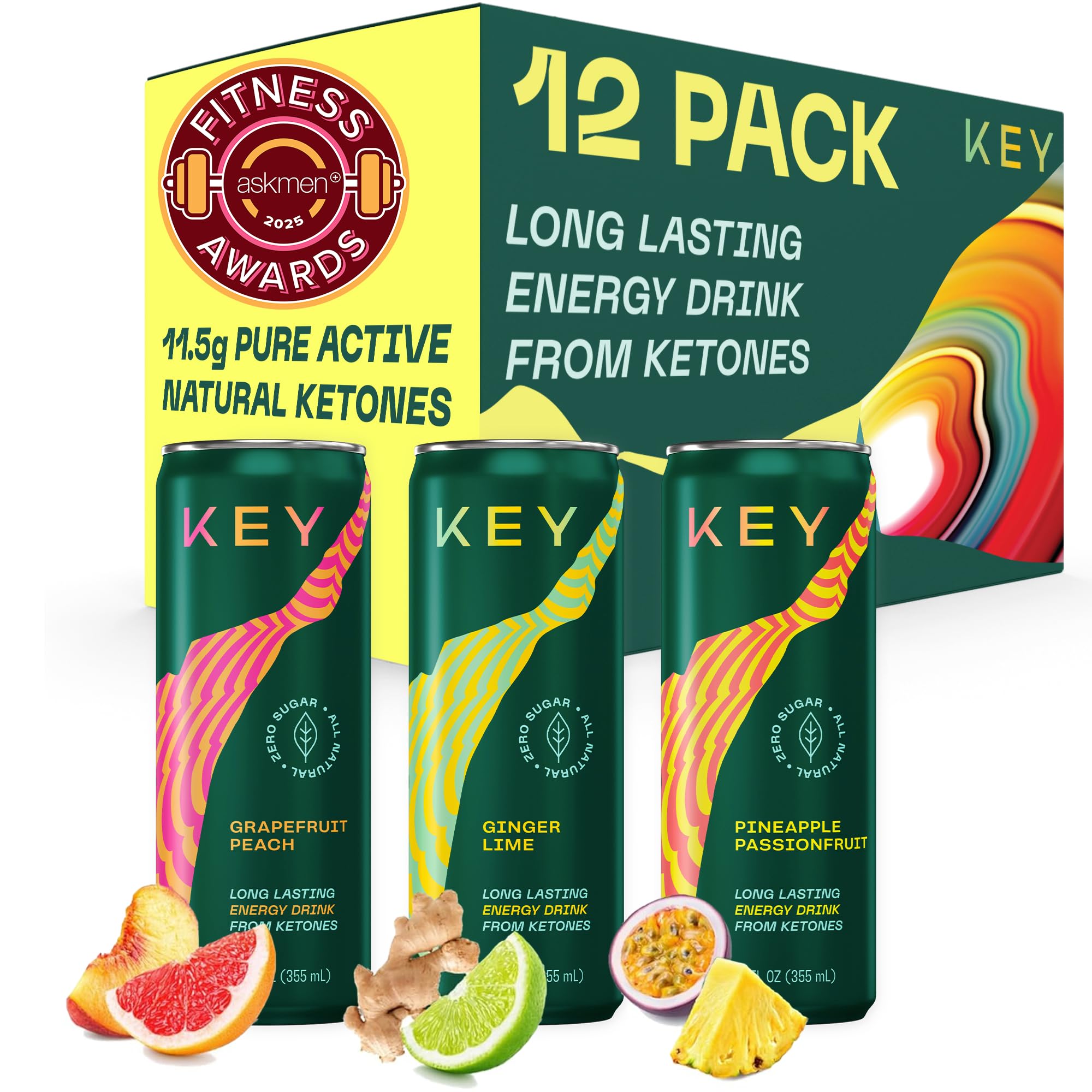 KEY Ketone Drink - Ketones for Energy & Focus, Sugar Free & Low Caffeine from Green Tea with L-Theanine, No Crash or Jitters, All Natural, Lightly Carbonated, Variety Pack (Pack of 12)