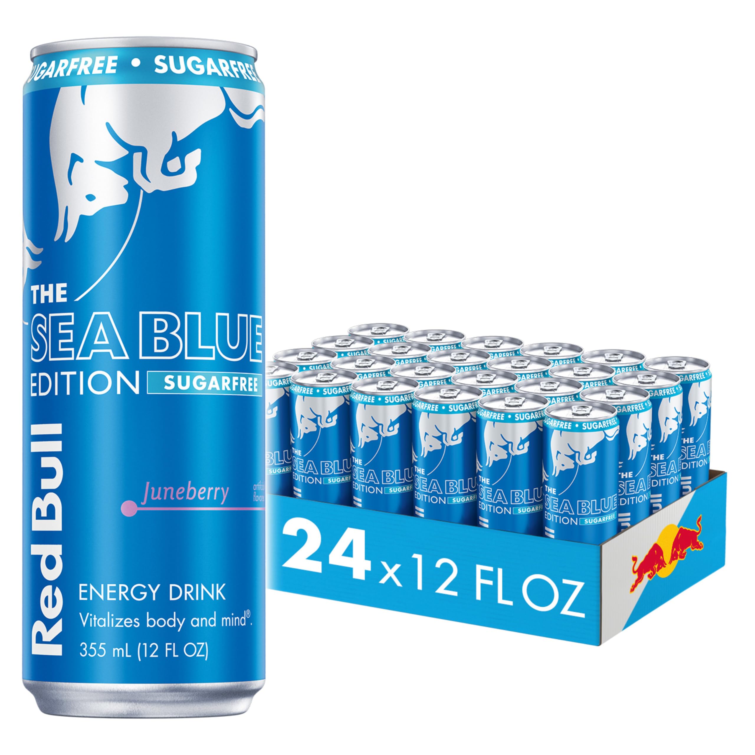Red Bull Sea Blue Edition Sugar-Free Energy Drink, Juneberry, with 80mg Caffeine plus Taurine & B Vitamins, 12 Fl Oz, Pack of 24 Cans