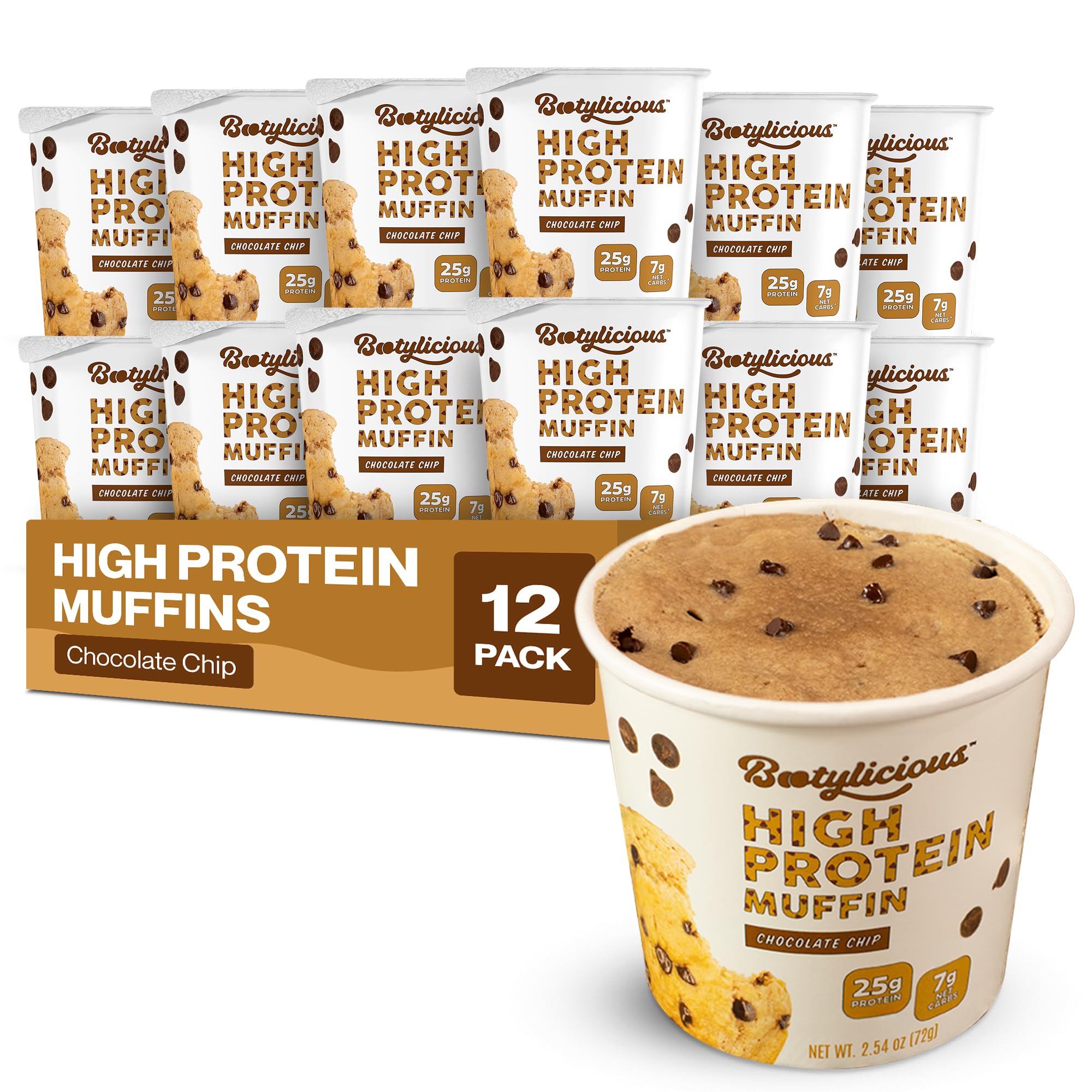 Bootylicious | 25g Protein Muffin | Chocolate Chip | Low Carb, 16g Fiber, Low Glycimic Index, Low Sugar, 2.39oz Cup, 12-Pack