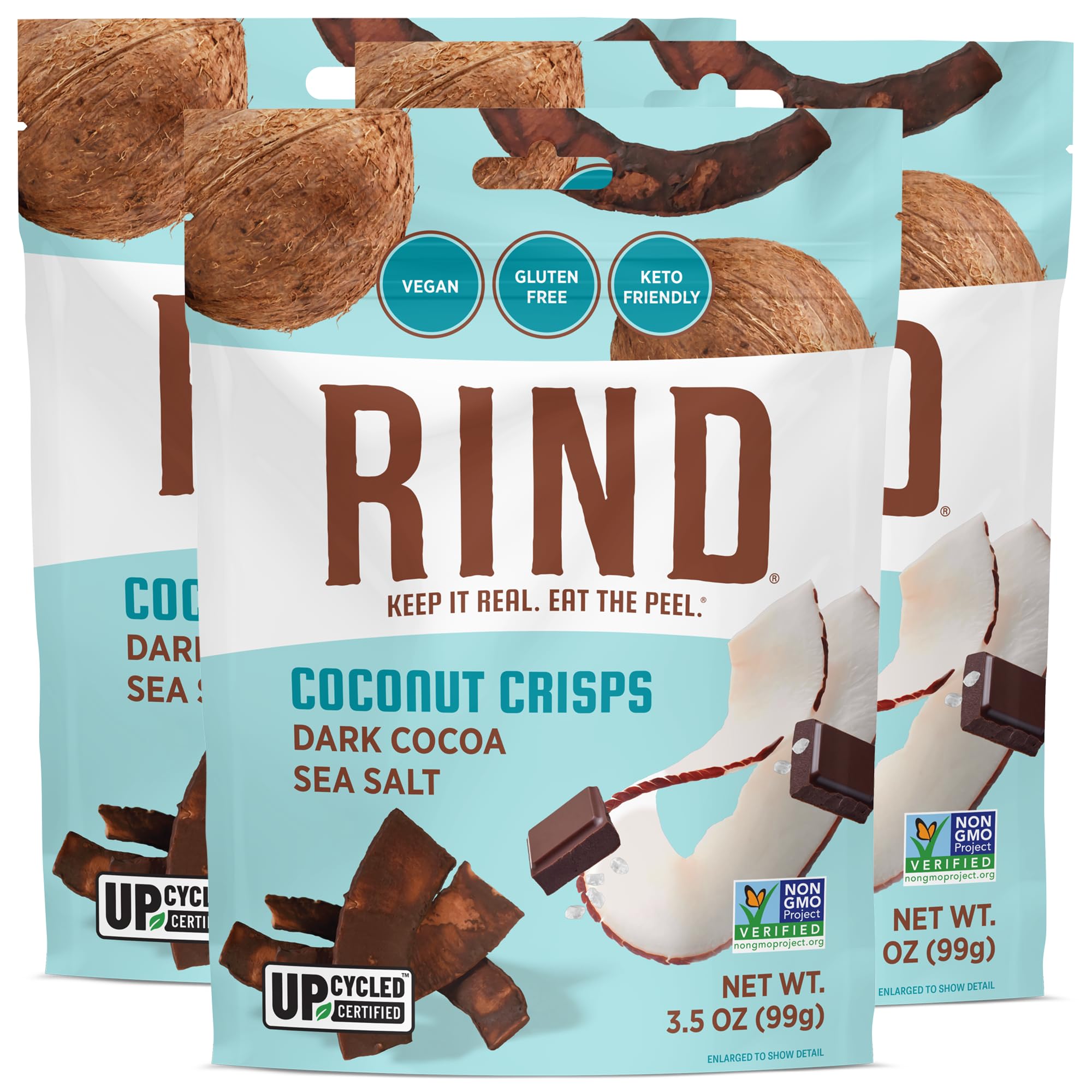 RIND Dark Cocoa Sea Salt Coconut Crisps 3.5oz 3-Pack
