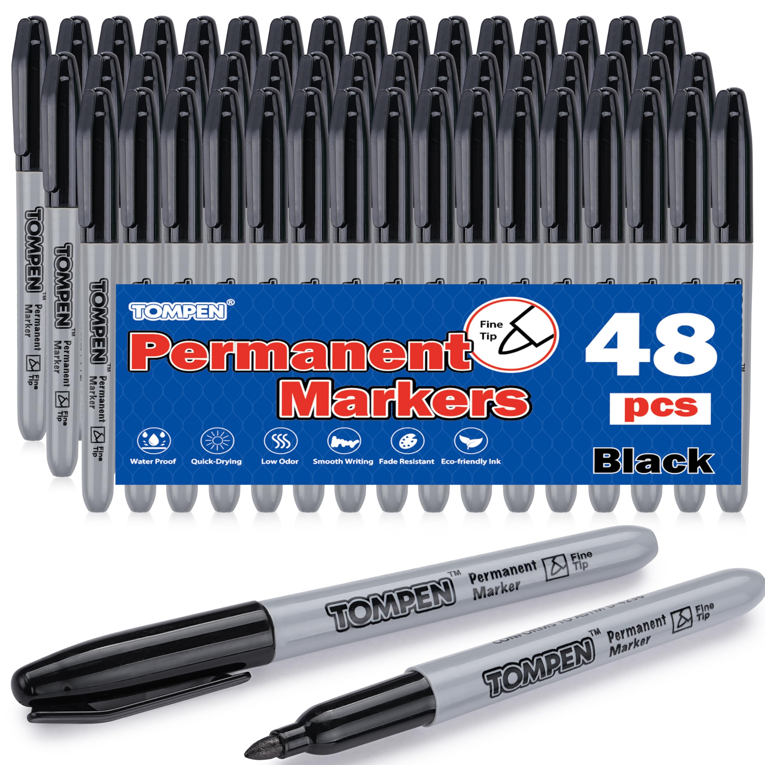 TOMPEN Black Permanent Markers Fine Tip 48-Pack
