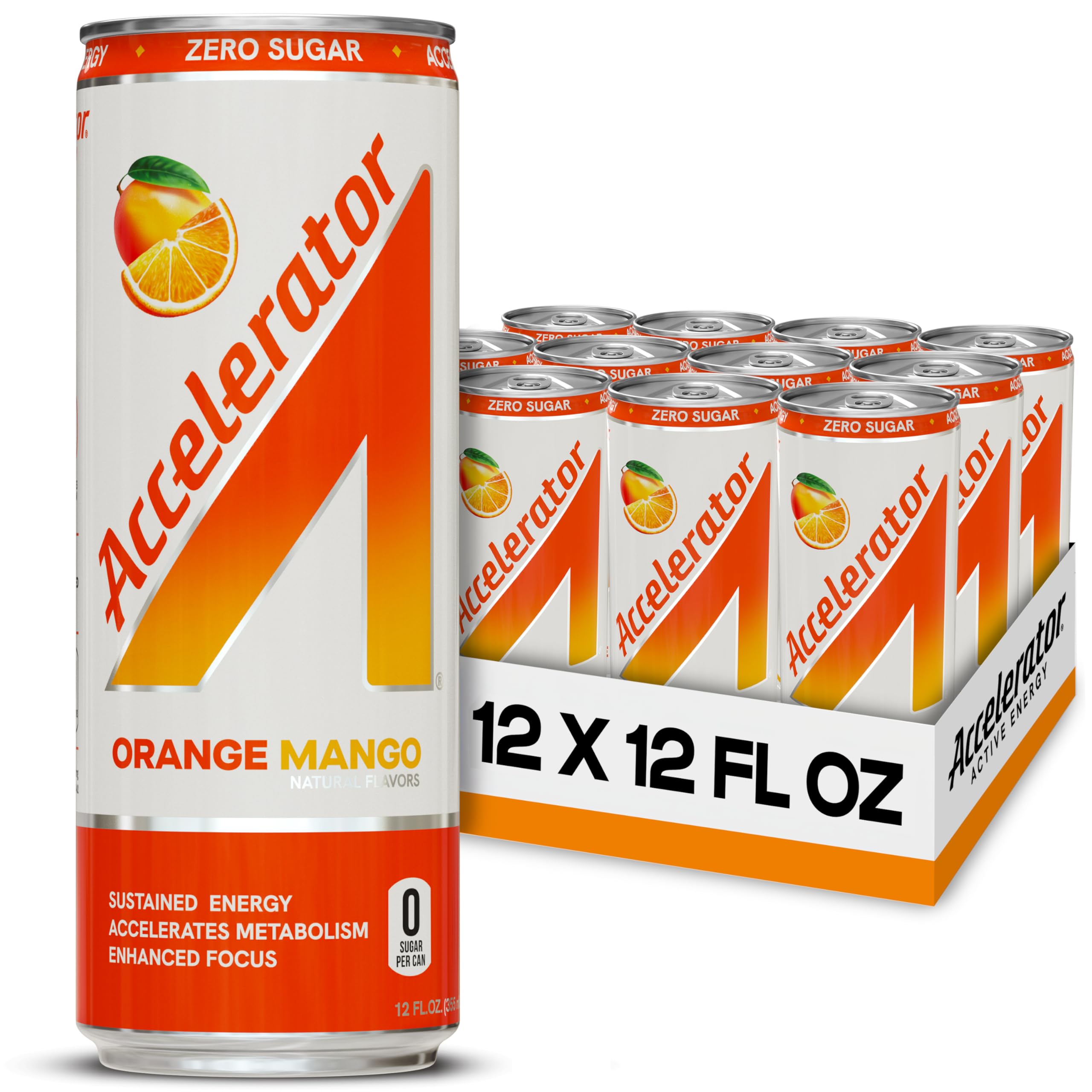 Accelerator Energy Drink, Orange Mango 12oz can (12 pack), Zero Sugar, Sustained Energy from 100% Natural Caffeine (200mg from Green Coffee Bean & Green Tea extract)