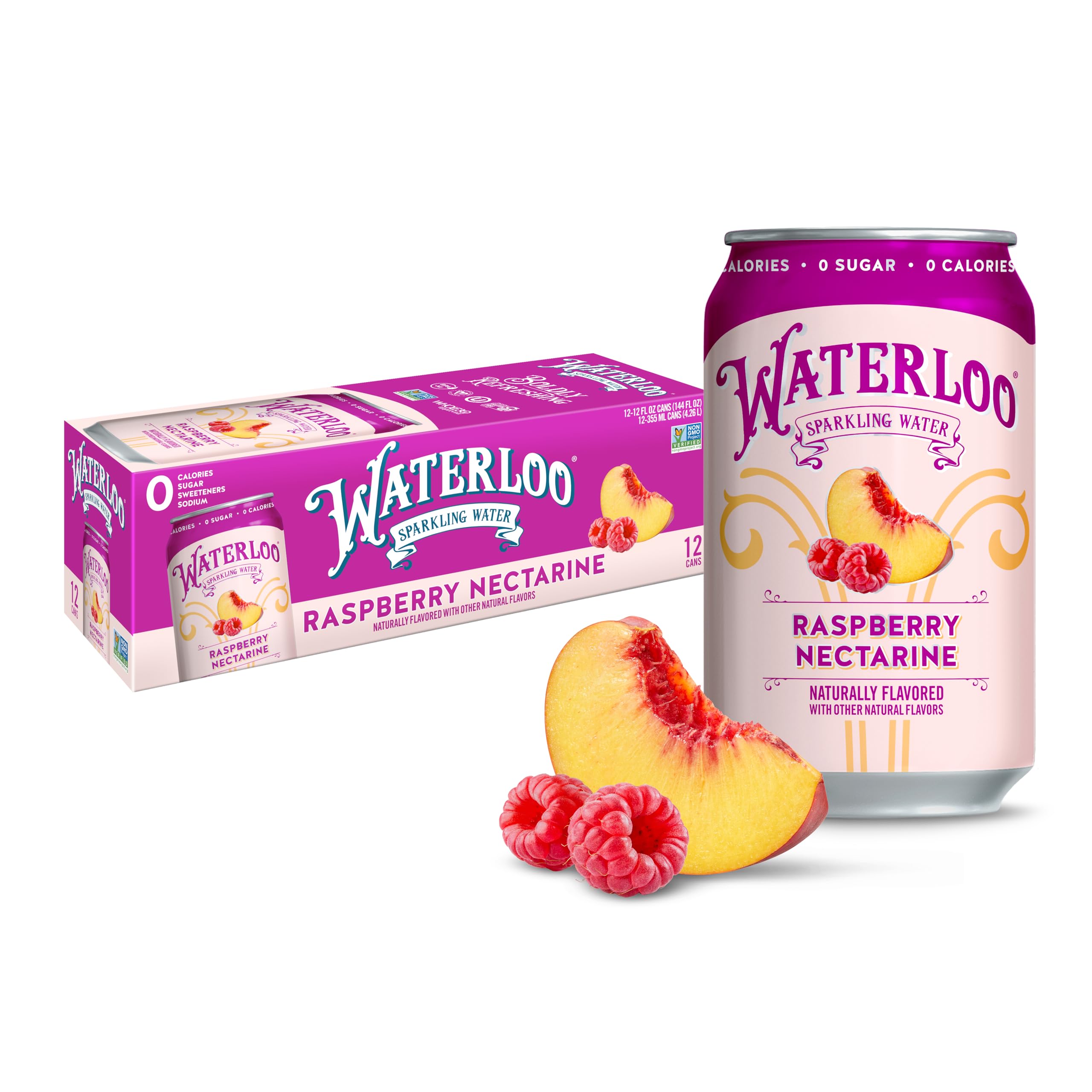 Waterloo Sparkling Water, Raspberry Nectarine Naturally Flavored, 12 Fl Oz Cans (Pack of 12) Ã¢Â€Â“ Zero Calories and Zero Sugar or Sweeteners