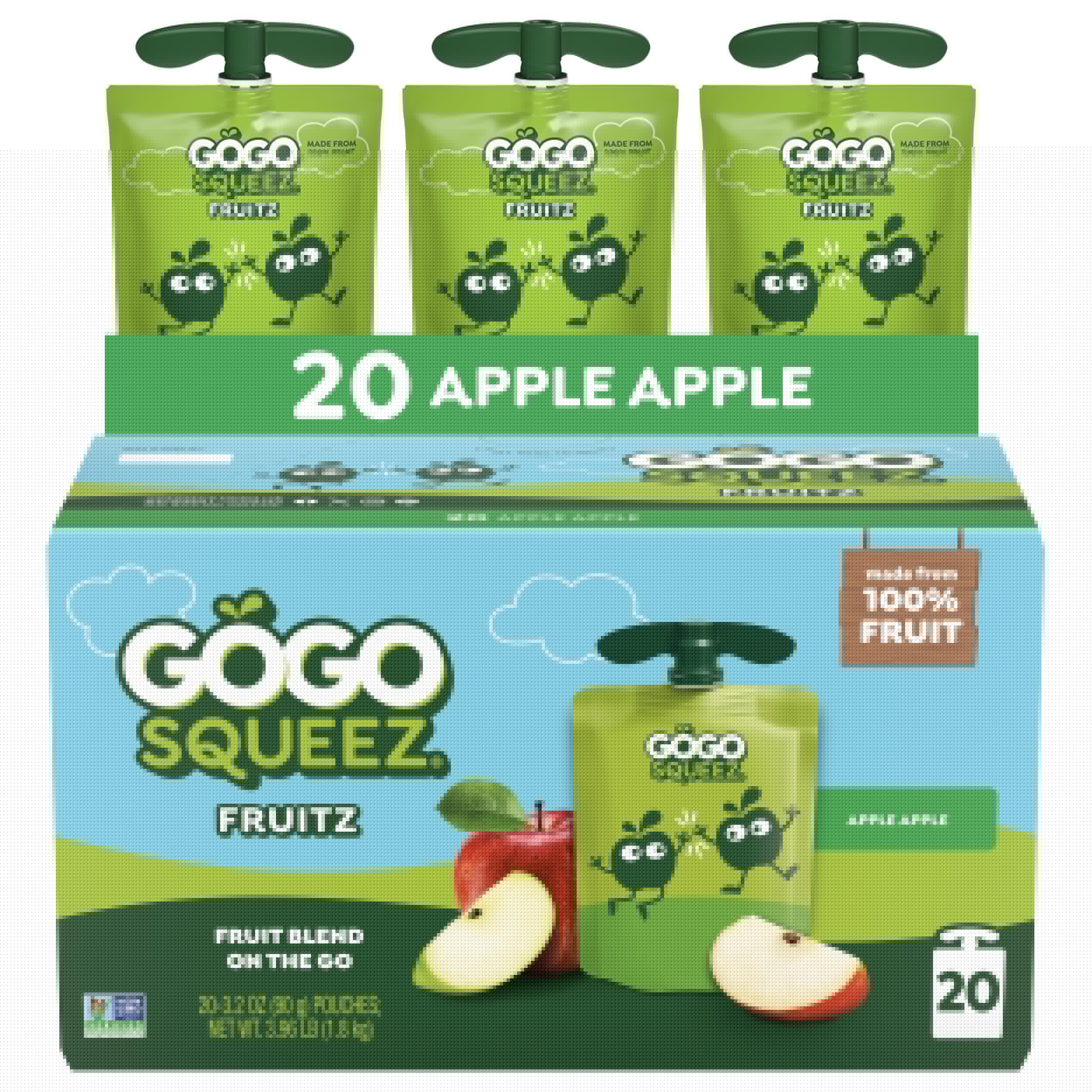 GoGo squeeZ Fruit on the Go, Apple Apple, 3.2 oz (Pack of 20), Unsweetened Fruit Snacks for Kids, Gluten Free, Nut Free, and Recloseable Cap, BPA Free Pouches (Packaging May Vary)