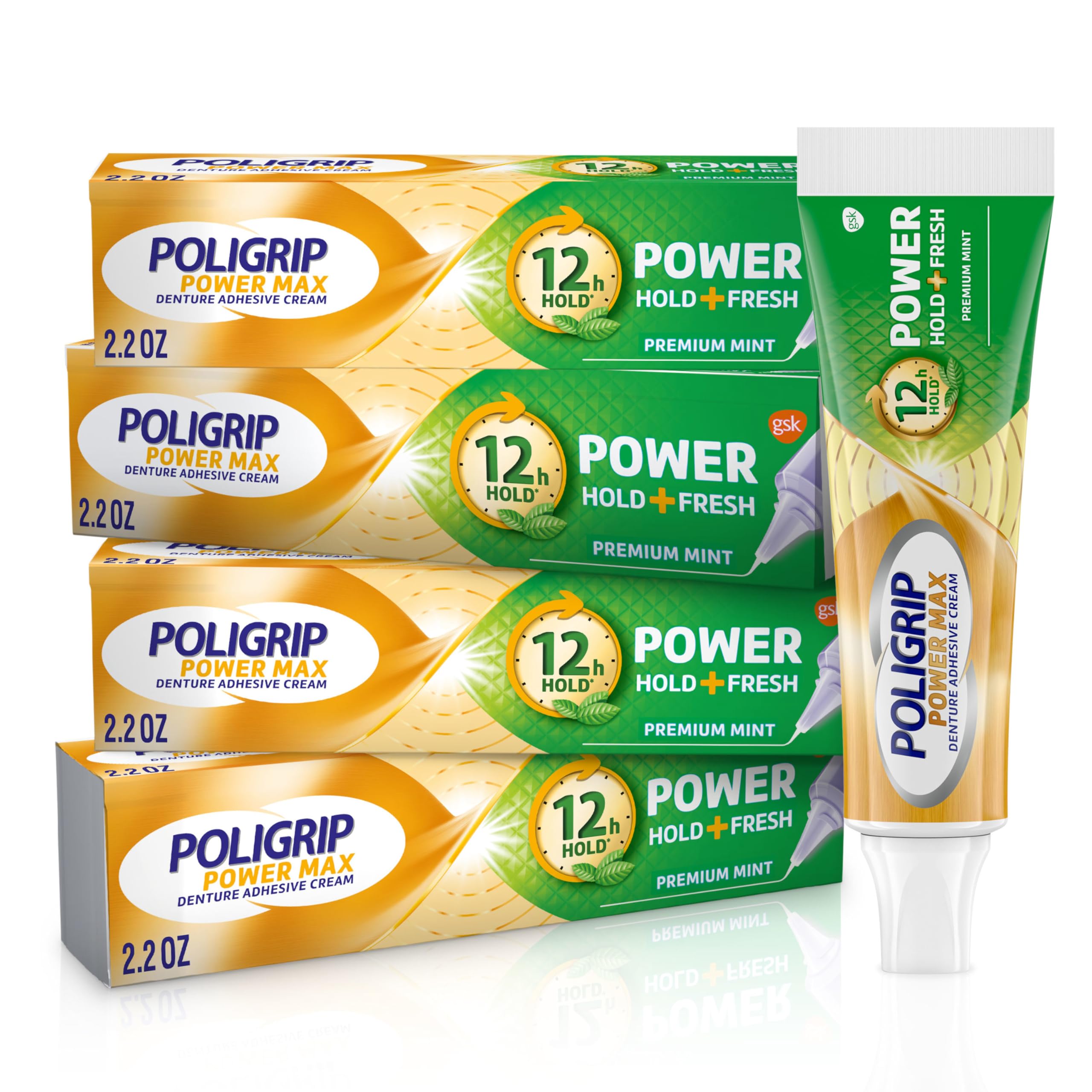 Poligrip Power Max Power Hold + Fresh Denture Cream, Premium Peppermint - 2.2 oz x 4