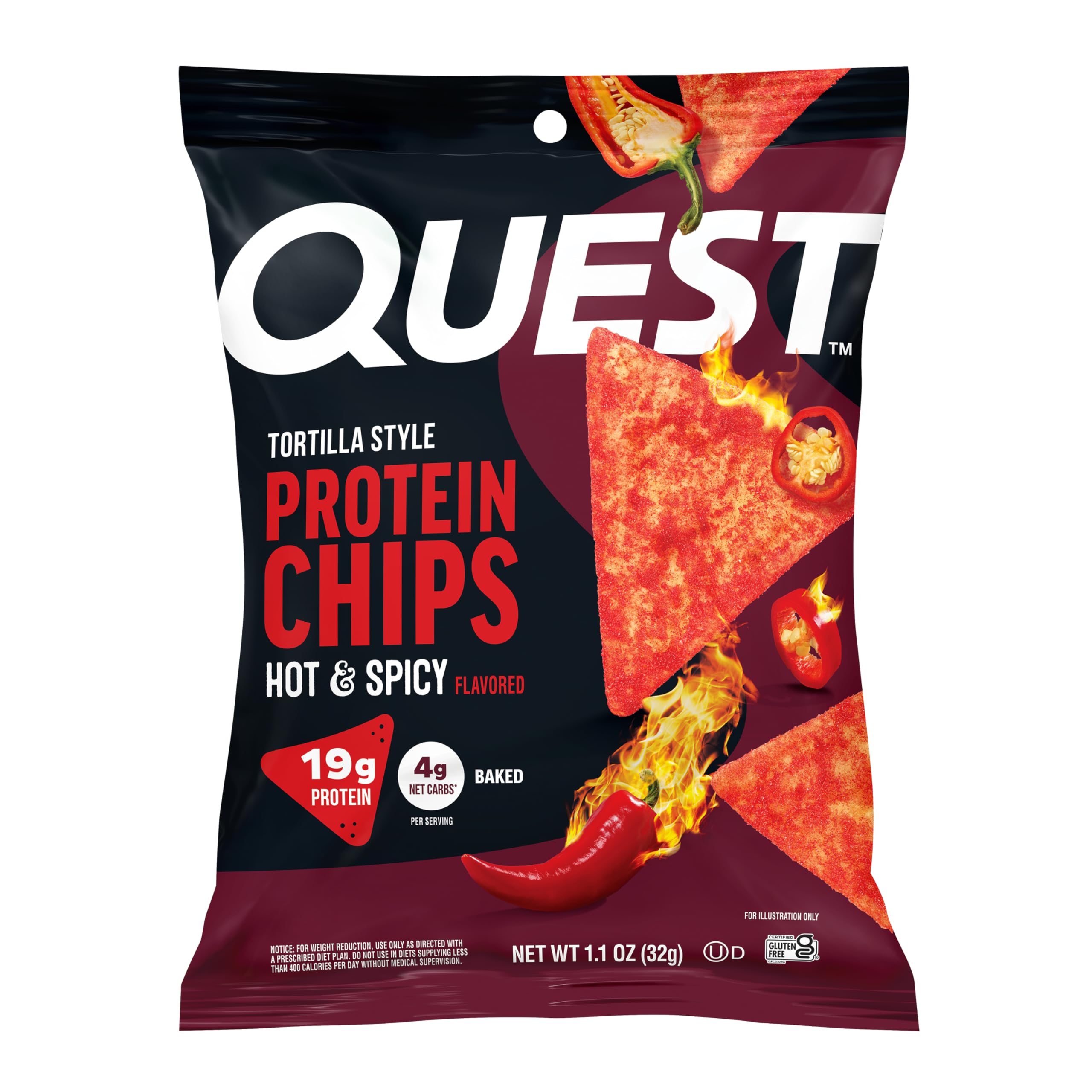 Quest Nutrition Tortilla Style Protein Chips, Hot & Spicy, 19g of Protein, 4g Net Carbs, High Protein, Gluten Free, 1.1 Ounce (Pack of 12)