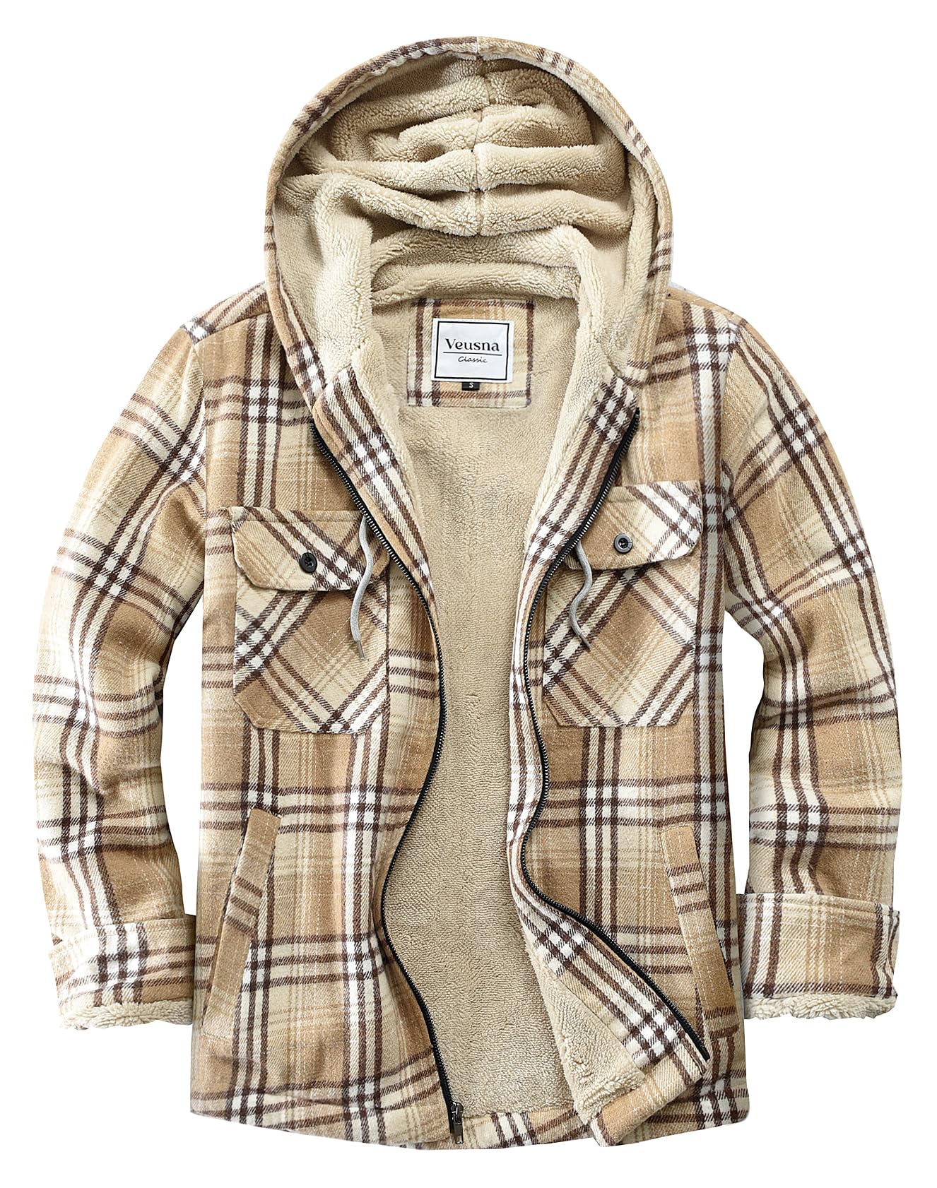 Veusna Menís Sherpa Lined Plaid Flannel Jacket Khaki Large