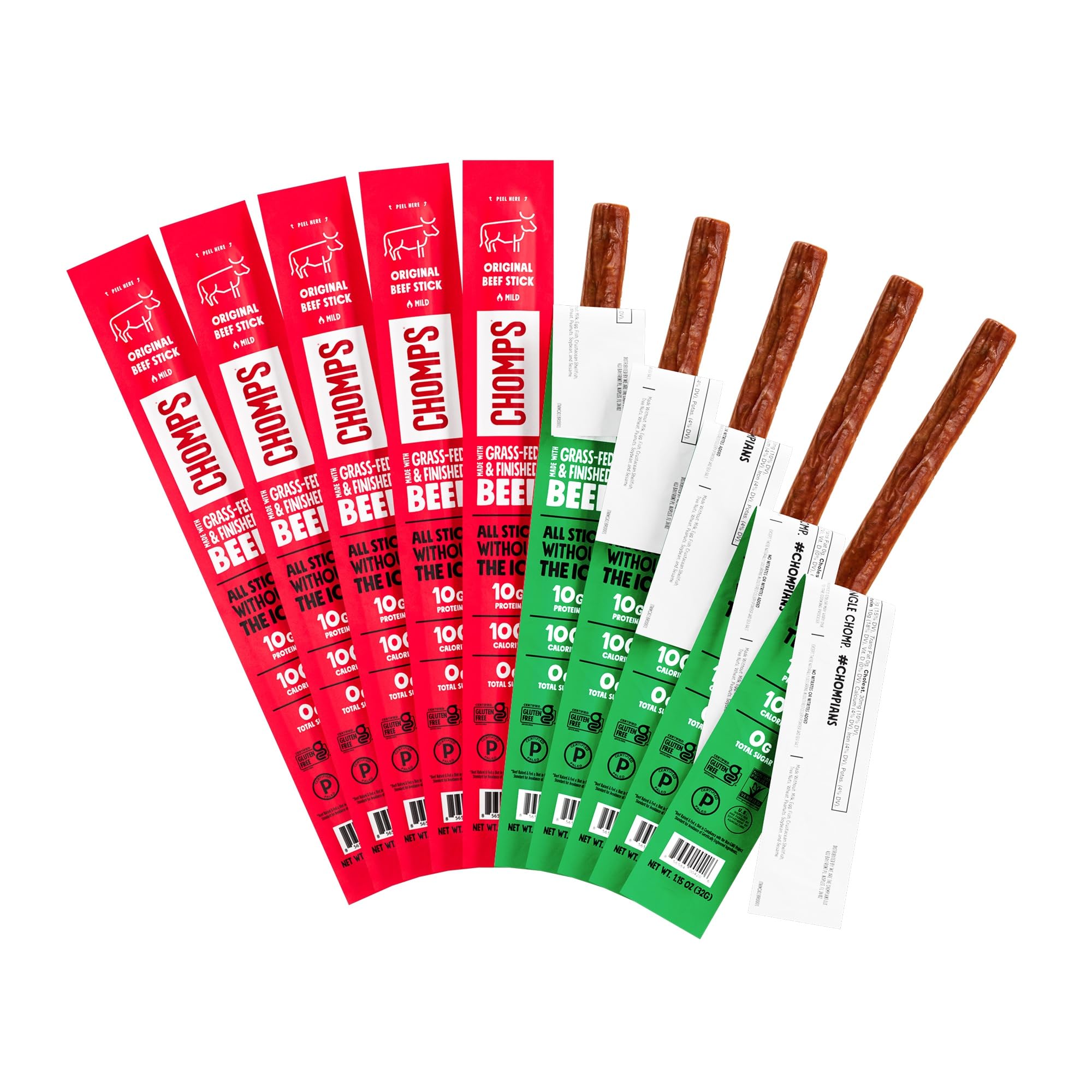 CHOMPS Grass Fed Beef Jerky Sticks, Variety Pack, 10 Sticks: (5) Original Beef, (5) Jalapeno BeefÃ¢Â€Â¦