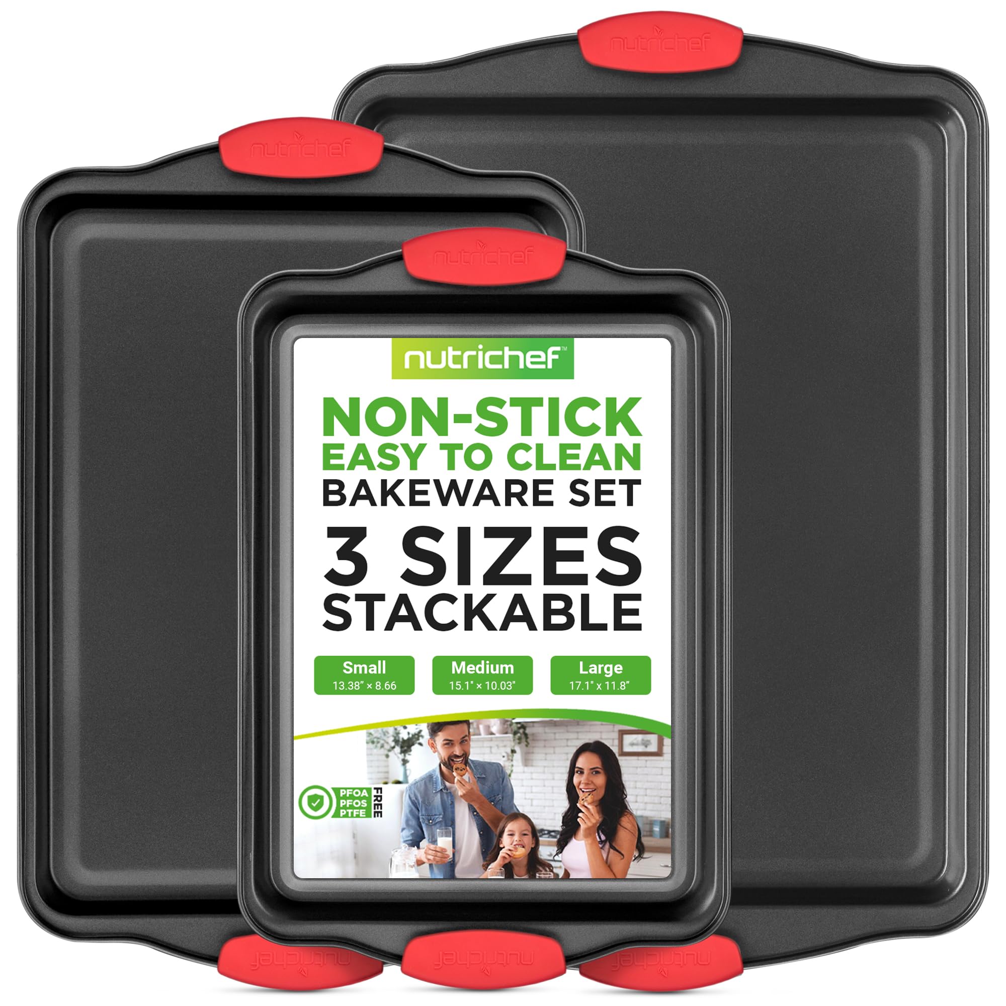 NutriChef Nonstick Baking Pans Red Handles 3 Piece