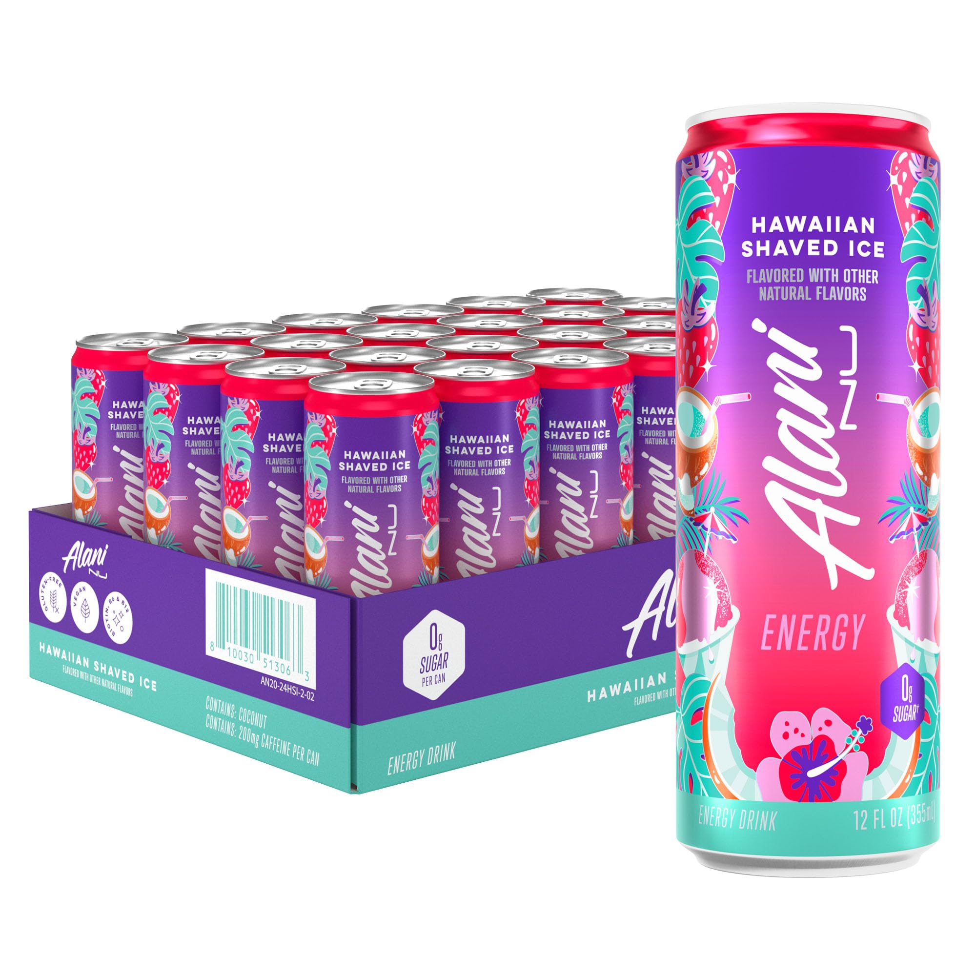 Alani Nu HAWAIIAN SHAVED ICE Ice Sugar Free, Low Calorie Energy Drinks | 200mg Caffeine | Antioxidants | Biotin, B Vitamins | Zero Sugar | 15 Calories or Less | 12 Oz Cans | 24 Count