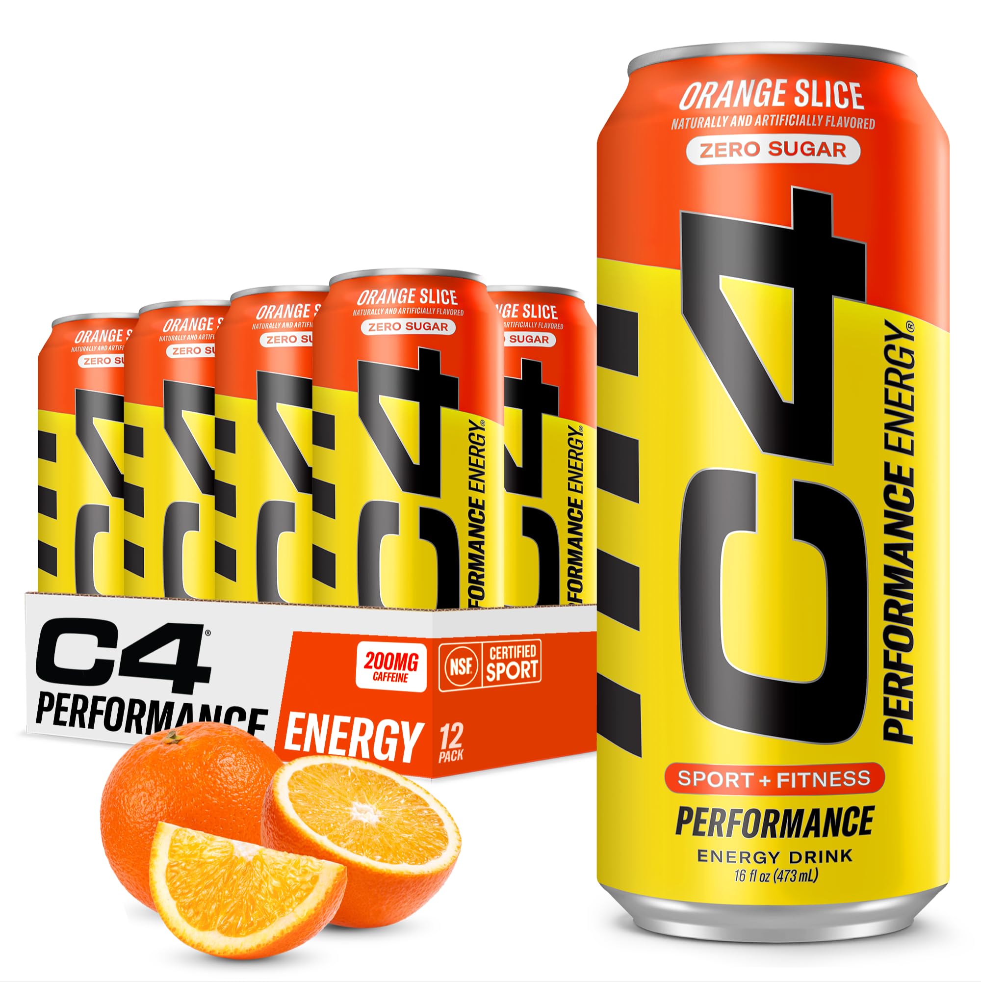 C4 Energy Carbonated Zero Sugar Energy Drink, Pre Workout Drink + Beta Alanine, Orange Slice, 16 Fl Oz (Pack of 12)