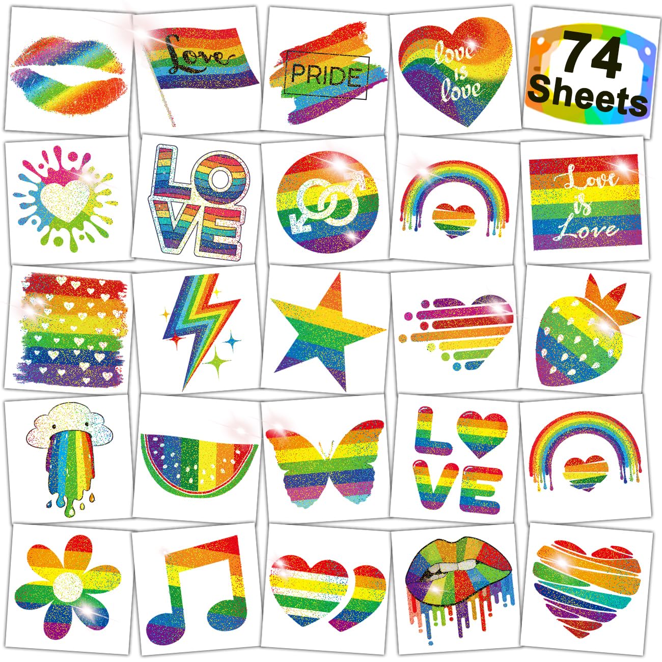 CHARLENT Glitter Rainbow Pride Temporary Tattoos