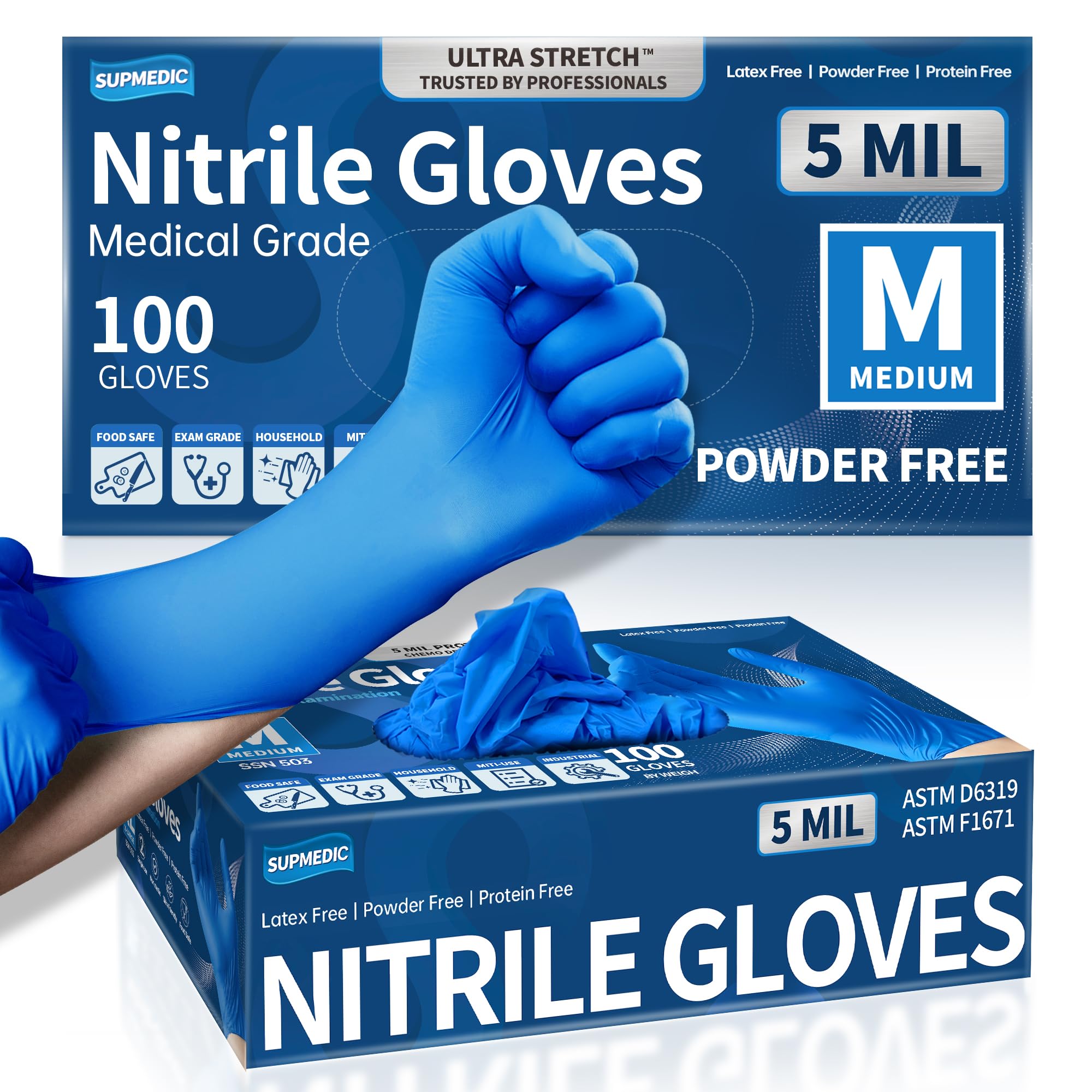 Supmedic Blue Nitrile Exam Gloves Medium