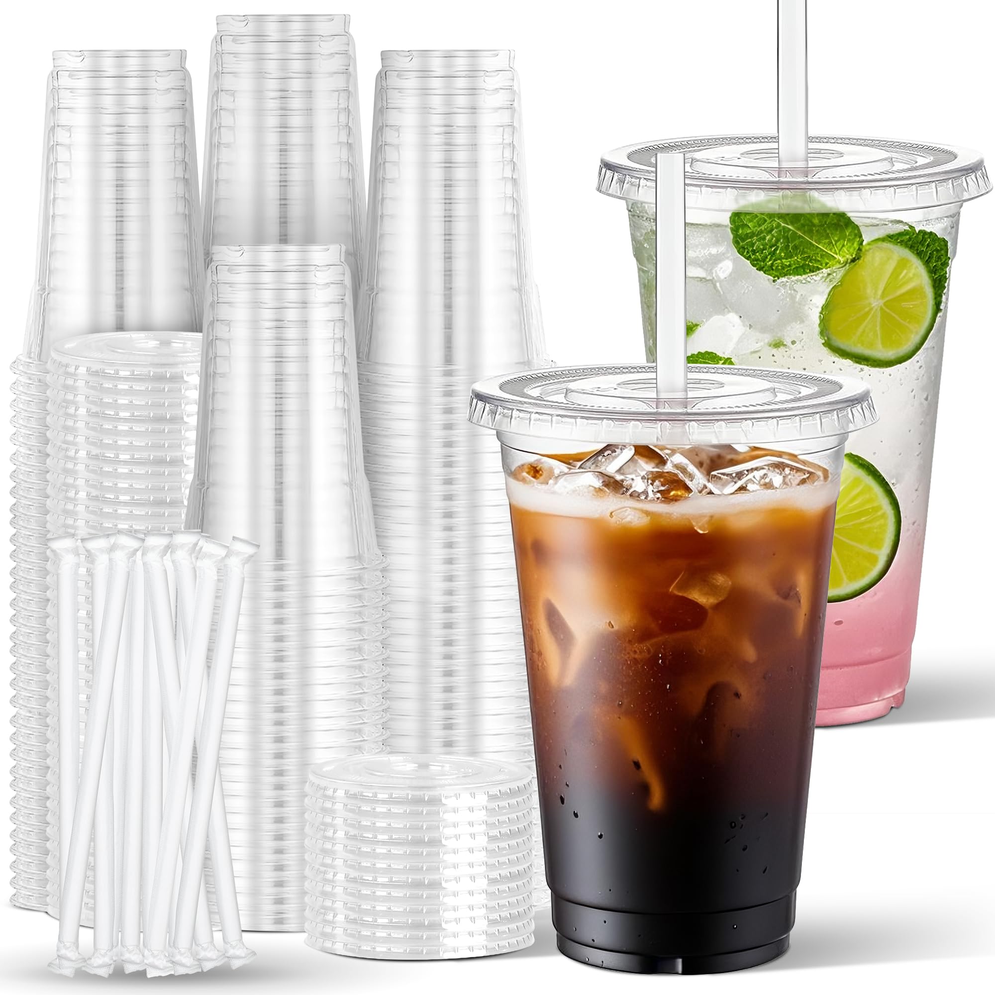 Charmount Clear Plastic Cups Lids Straws 24oz 100 Sets