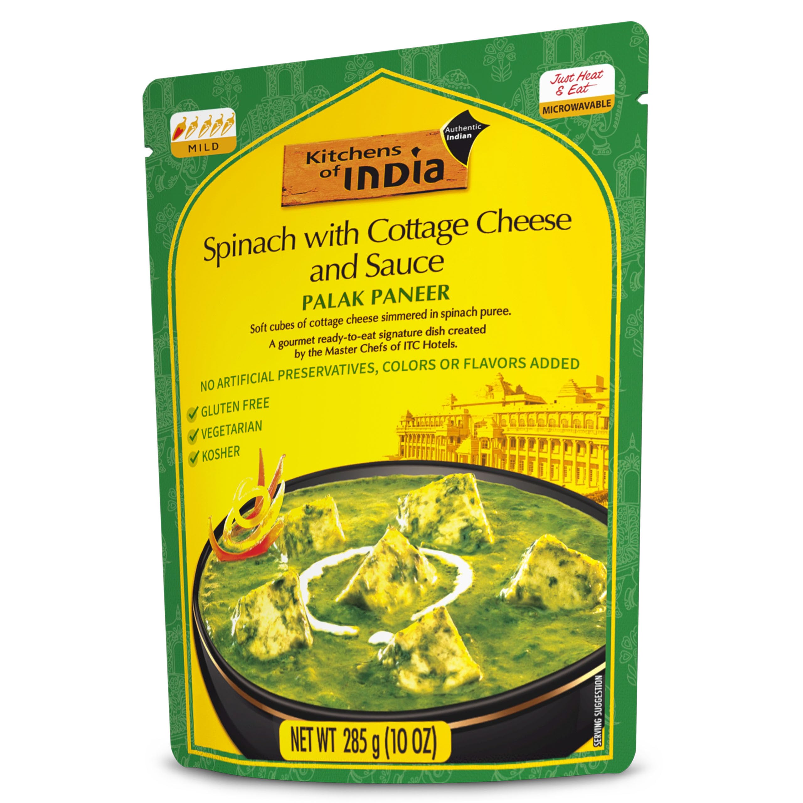 Kitchens of India Palak Paneer, Spinach with Cottage Cheese & Sauce, 10 Ounces - Pack of 3, Ready to Eat Authentic Vegetarian Indian Food, Gluten-Free