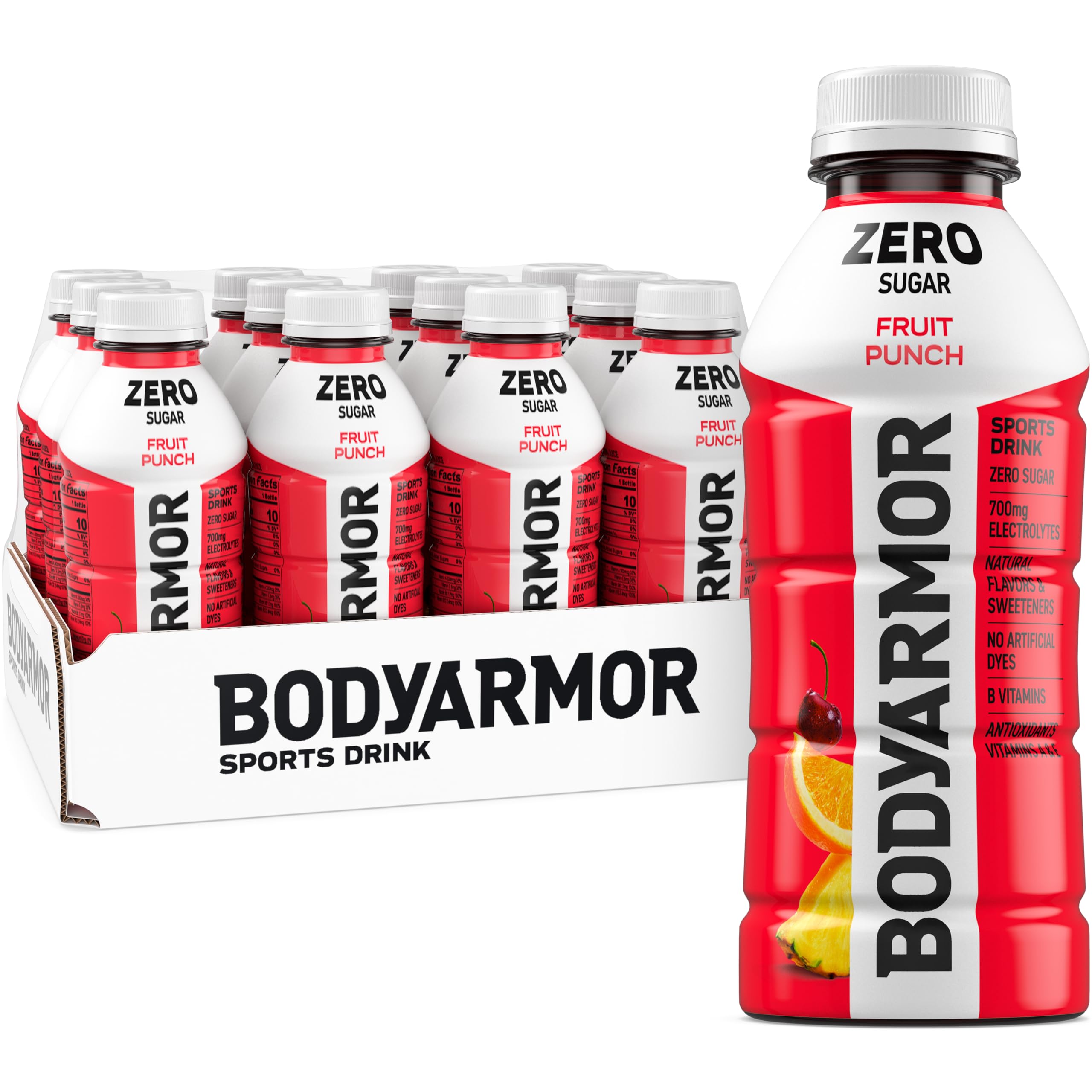 BODYARMOR ZERO Sugar Fruit Punch, Sugar Free Sports Drink - Low-Calorie Hydration - Natural Flavors with Potassium Packed Electrolytes, Antioxidants, and B-vitamins, 16 fl oz (pack of 12)