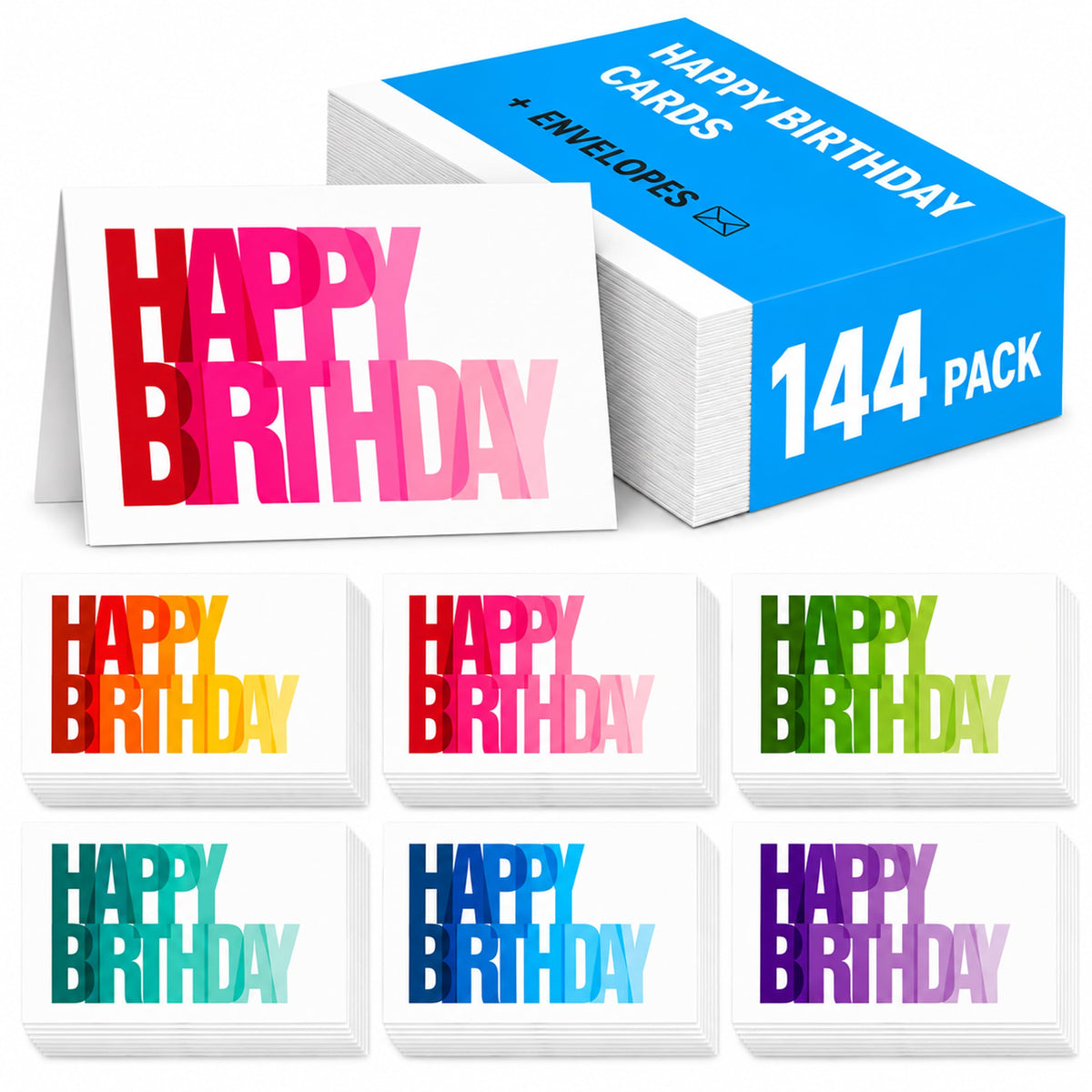 BEST PAPER GREETINGS Bulk Birthday Cards with Envelopes - 144 Pack 4 x 6 in Rainbow Ombre, 6 Designs - Blank Inside & Matching White Envelopes - Happy Birthday Cards Bulk Assortment