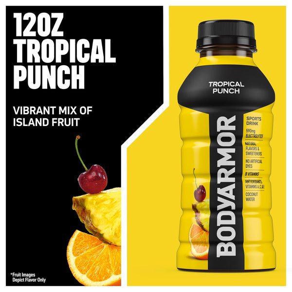BODYARMOR Sports Drink, Tropical Punch, Electrolyte Drink Hydration, 12 Fl Oz Bottles, Flavored Coconut Water with B Vitamins & Antioxidants