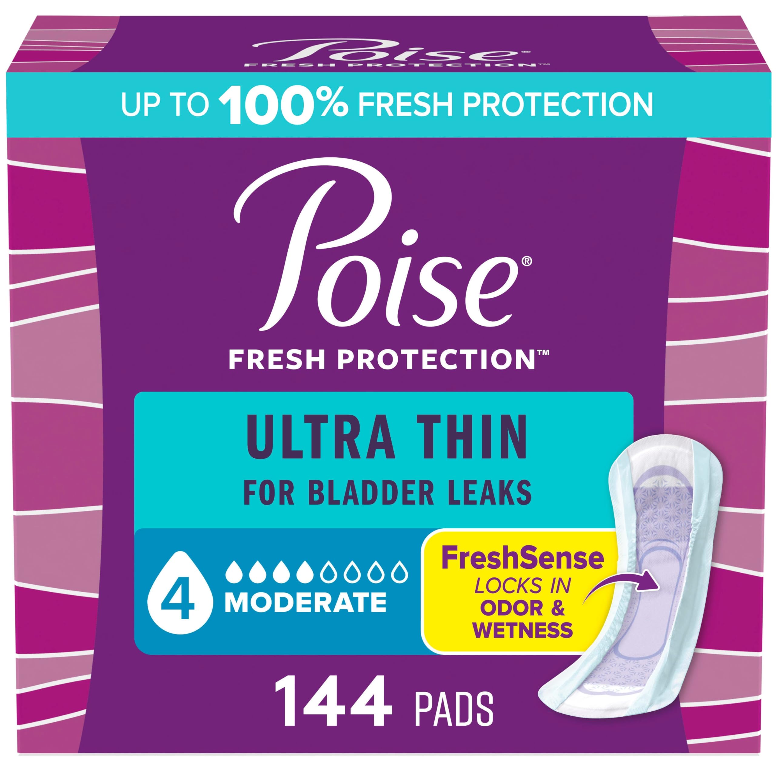 Poise Ultra Thin Moderate Incontinence Pads Regular 144 Count