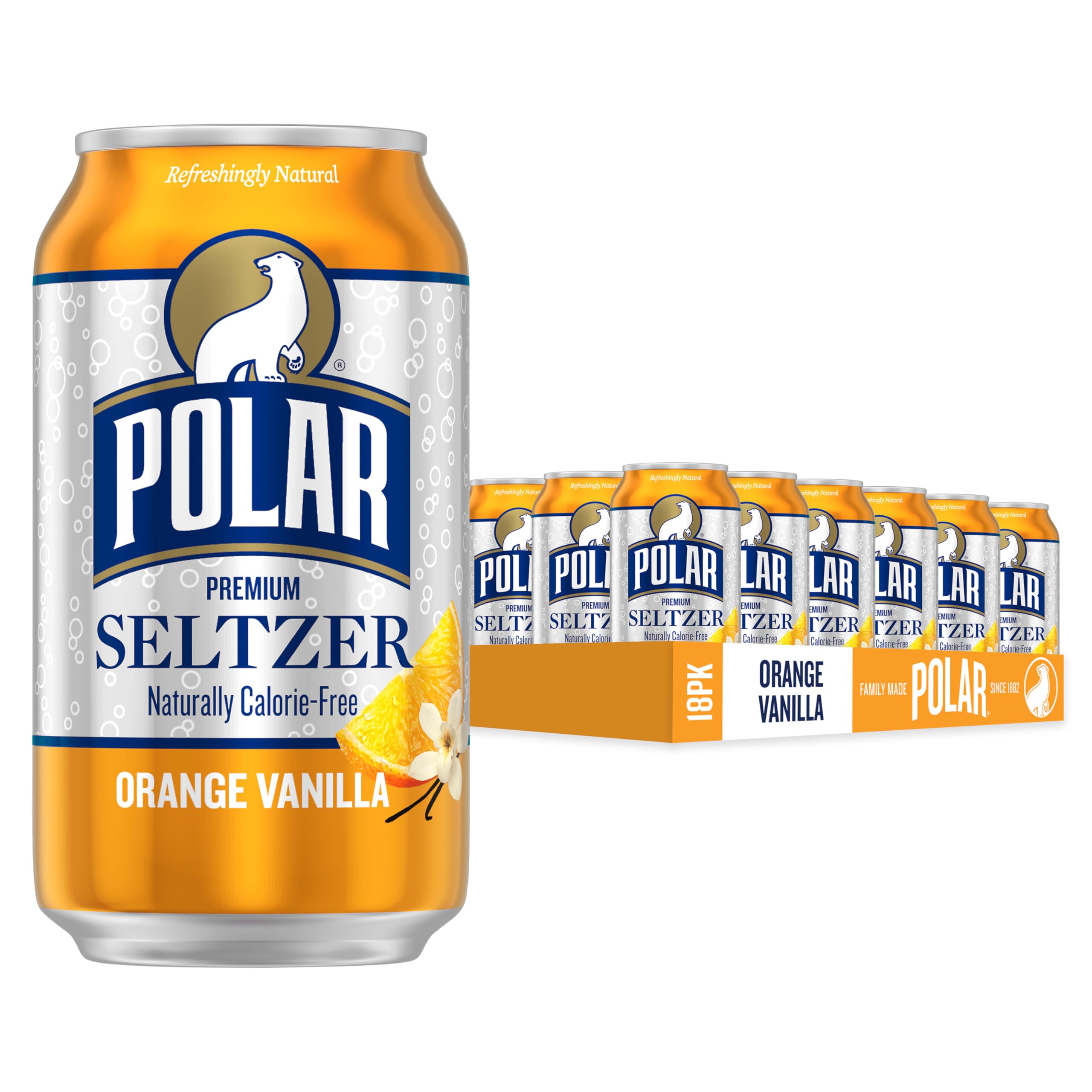Polar Seltzer Water Orange Vanilla, 12 fl oz cans, 18 pack