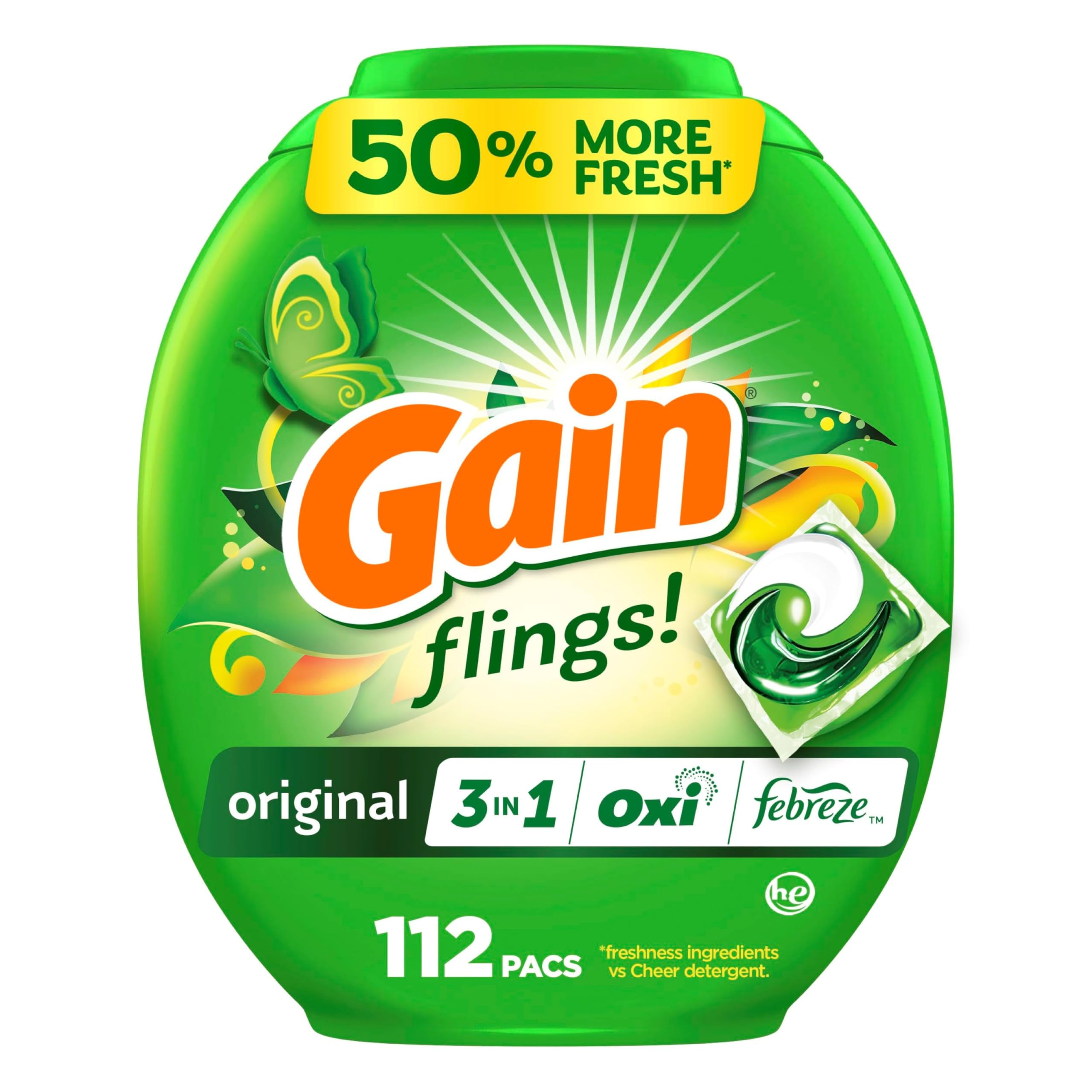 Gain Flings Laundry Detergent Pacs, Odor Defense, 112 Count, Original Scent, 3 in 1 HE Compatible Detergent Pacs with Oxi Boost and Febreeze