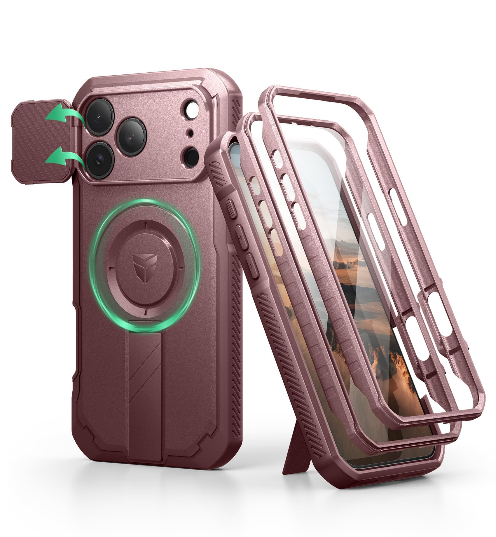 Dexnor for iPhone 17 Pro Max Case, [2 Front Frame & Built-in Flip Camera Cover & Kickstand], Compatible with MagSafe, Heavy-Duty Shockproof Protection Case with Screen Protector, 6.9 inch Maroon Red