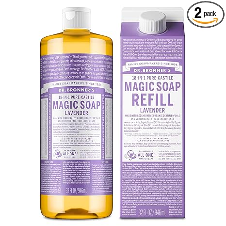 DAMAGED Dr. Bronner's Pure-Castile Liquid Magic Soap Bottle & Refill Carton - Made with Regenerative Organic Certified Oils, 86% Less Plastic per Quart - For Face, Body Wash, Hand Soap Refill- Lavender, 32oz