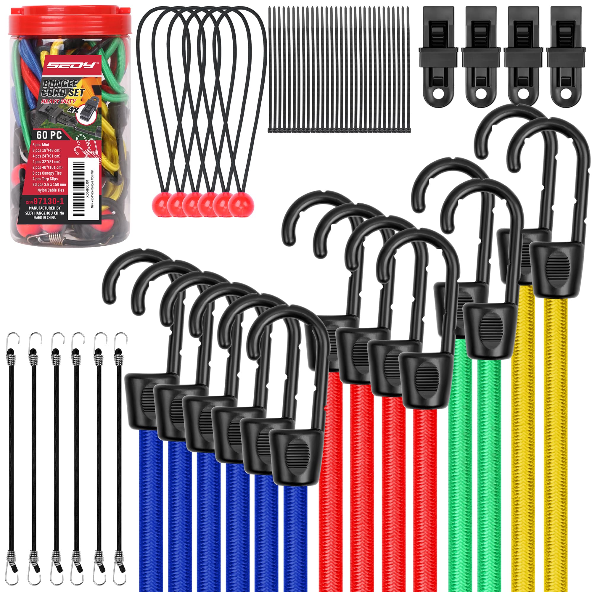 Bungee Cords Assorted Sizes Heavy Duty 60-Pack