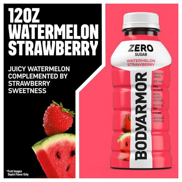 BODYARMOR ZERO Sugar Watermelon Strawberry Electrolyte Drink, Natural Flavors, 12 Fl Oz Bottles