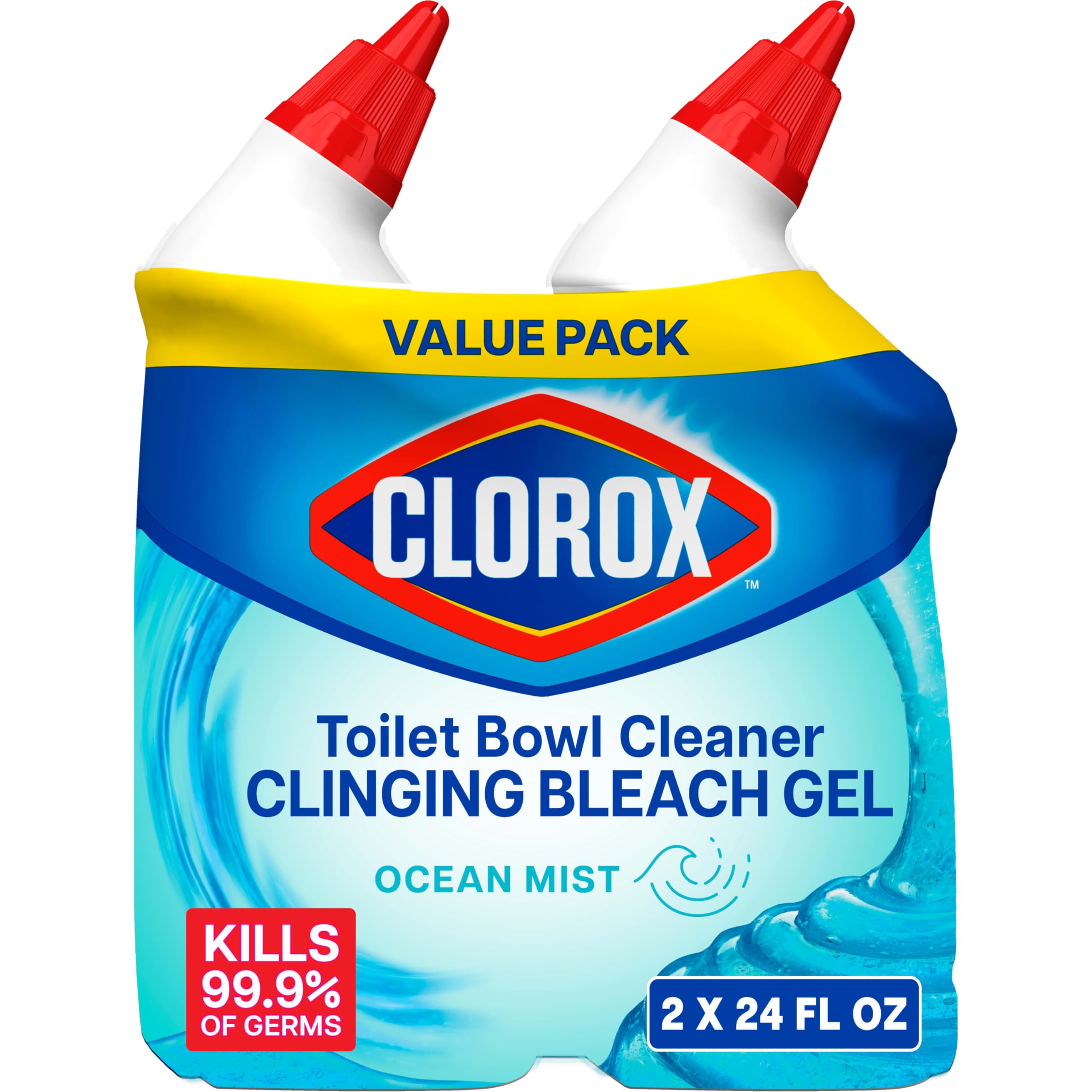 Clorox Toilet Bowl Cleaner Clinging Bleach Gel, Kills 99.9% of Bacteria and Viruses, Ocean Mist, 24 Fl Oz, Pack of 2