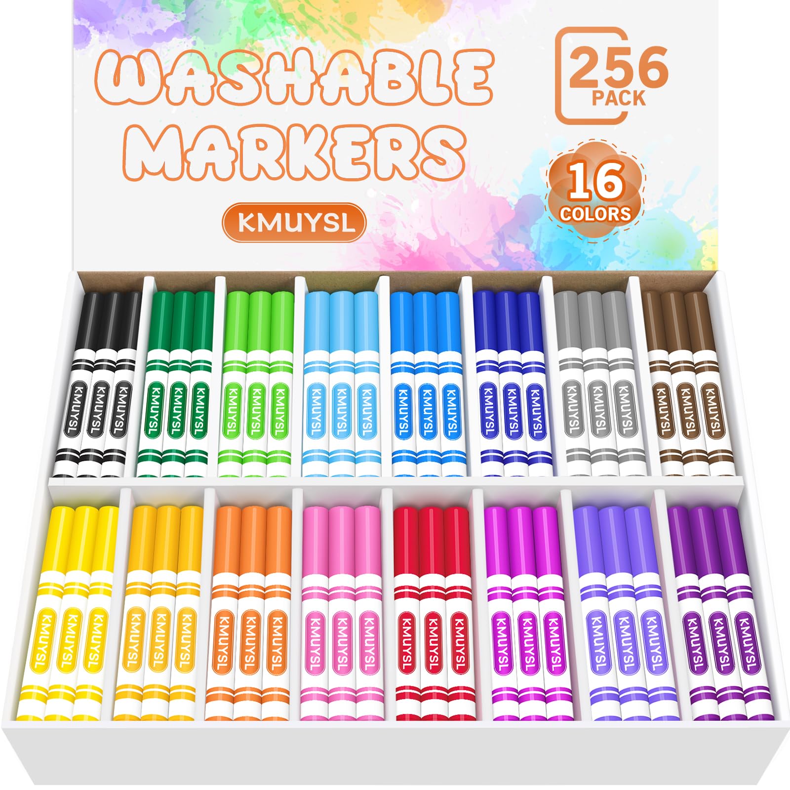 KMUYSL 256-Pc Washable Broad Markers 16 Colors
