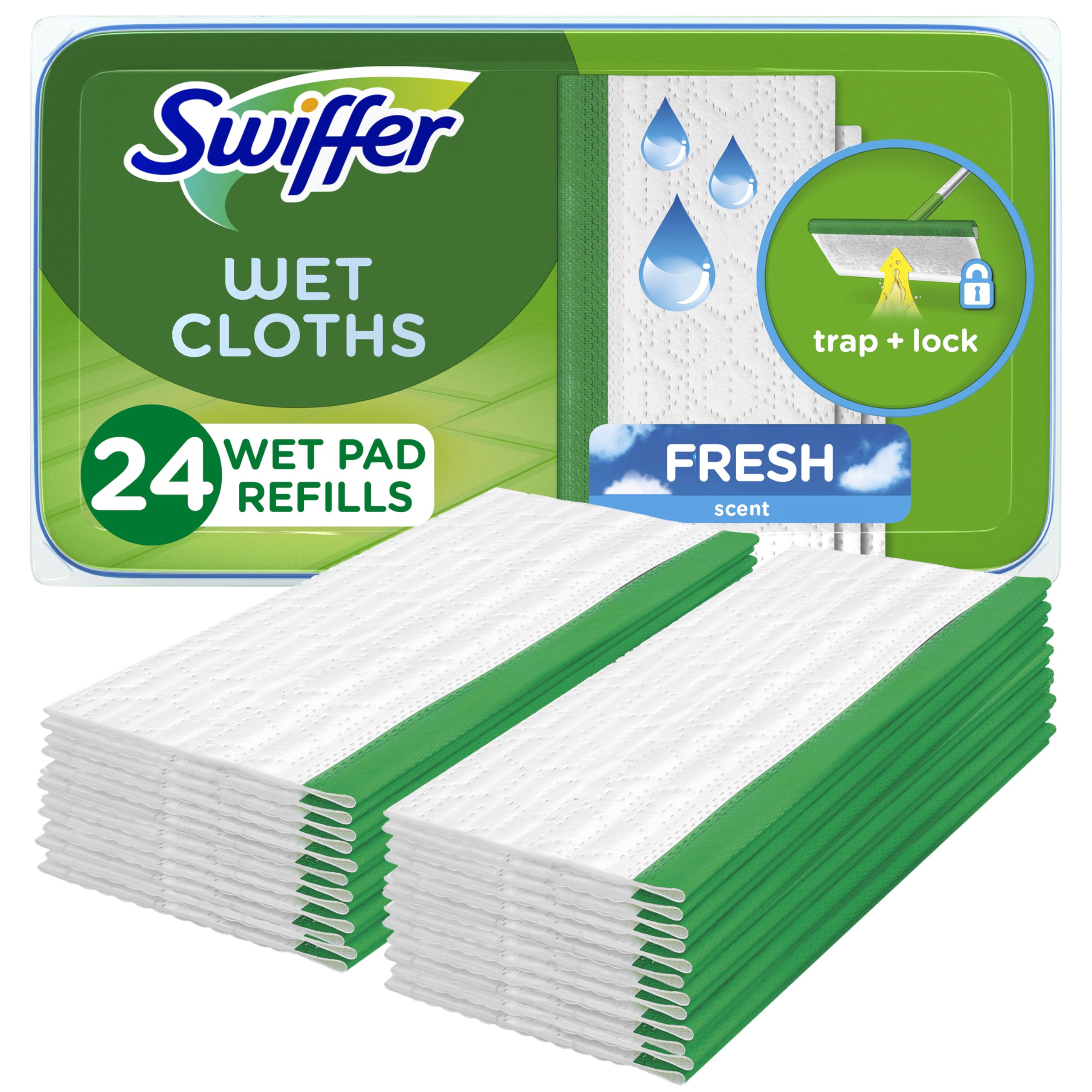 Swiffer Sweep + Mop, Wet Pads Refill, Microfiber Floor Cleaner for Dirt, Dust, Hair, Cleaning Cloths for Mopping Home, Bathroom, Kitchen, All Purpose Multi-Surface Floor Wipes, Fresh, 24ct
