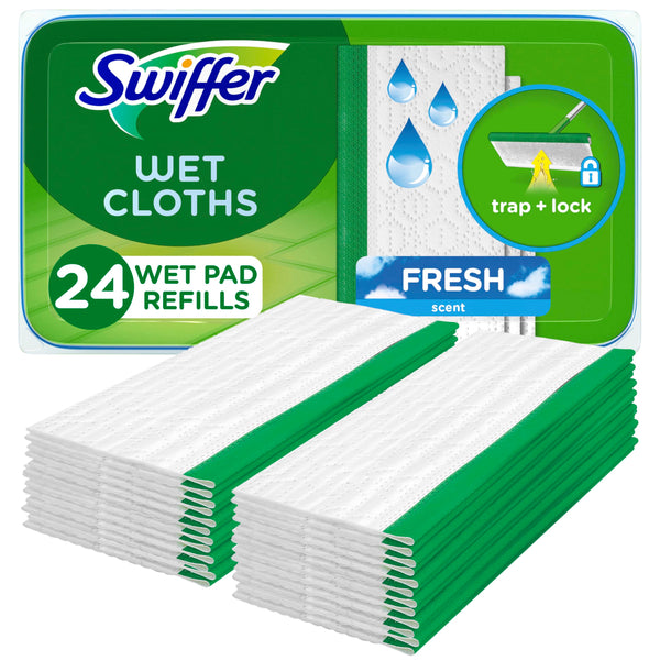 Swiffer Sweep + Mop, Wet Pads Refill, Microfiber Floor Cleaner for Dirt, Dust, Hair, Cleaning Cloths for Mopping Home, Bathroom, Kitchen, All Purpose Multi-Surface Floor Wipes, Fresh, 24ct