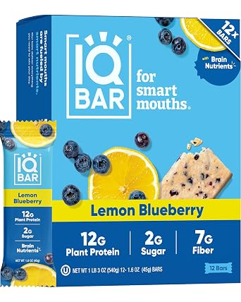 IQBAR Protein Bars Lemon Blueberry High Fiber Plant Based Snacks, Gluten Free, Dairy Free, Vegan, Soy Free
