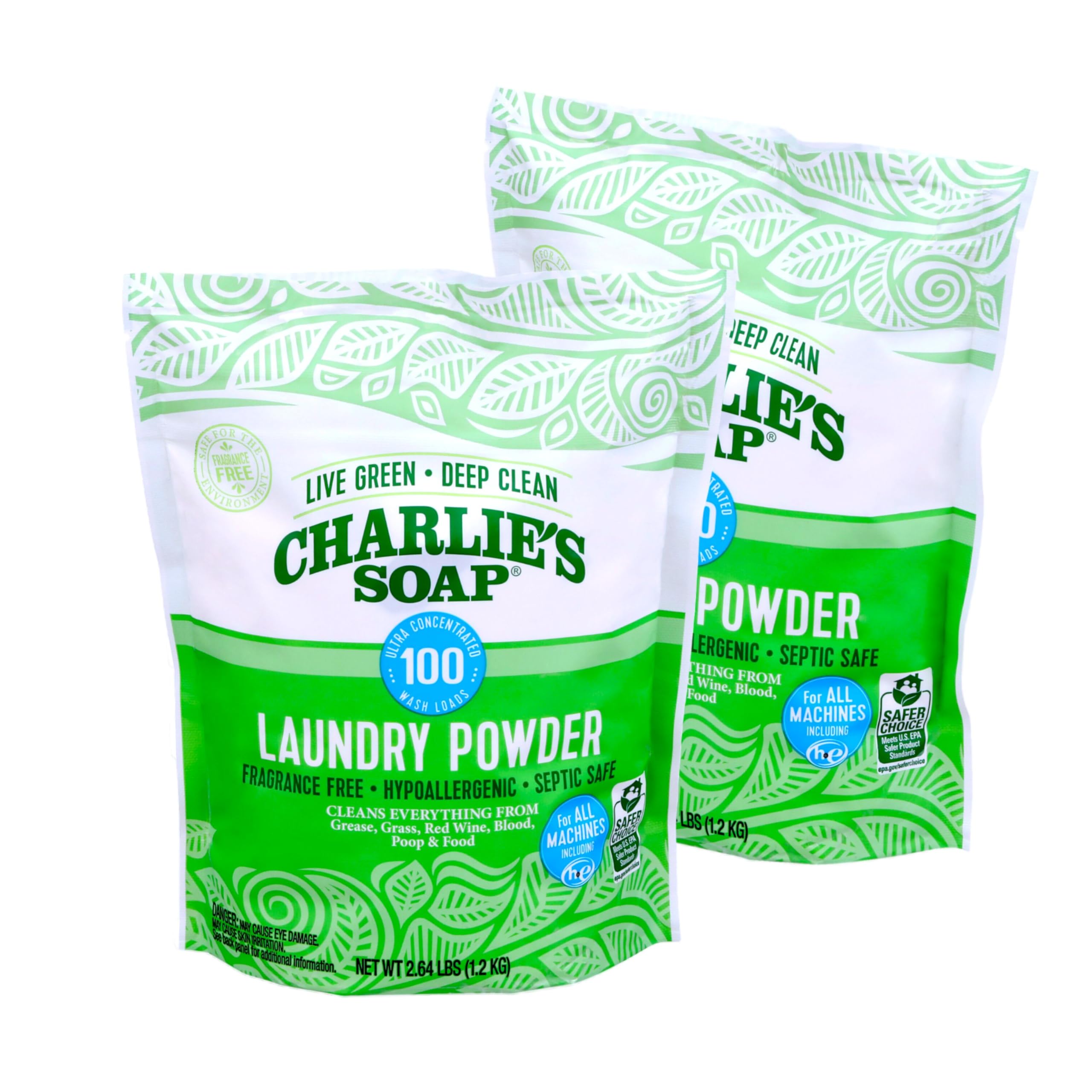CharlieÃ¢Â€Â™s Soap Laundry Powder (100 Loads, 2 Pack) Hypoallergenic Deep Cleaning Washing Powder Detergent Ã¢Â€Â“ Eco-Friendly, Safe, and Effective