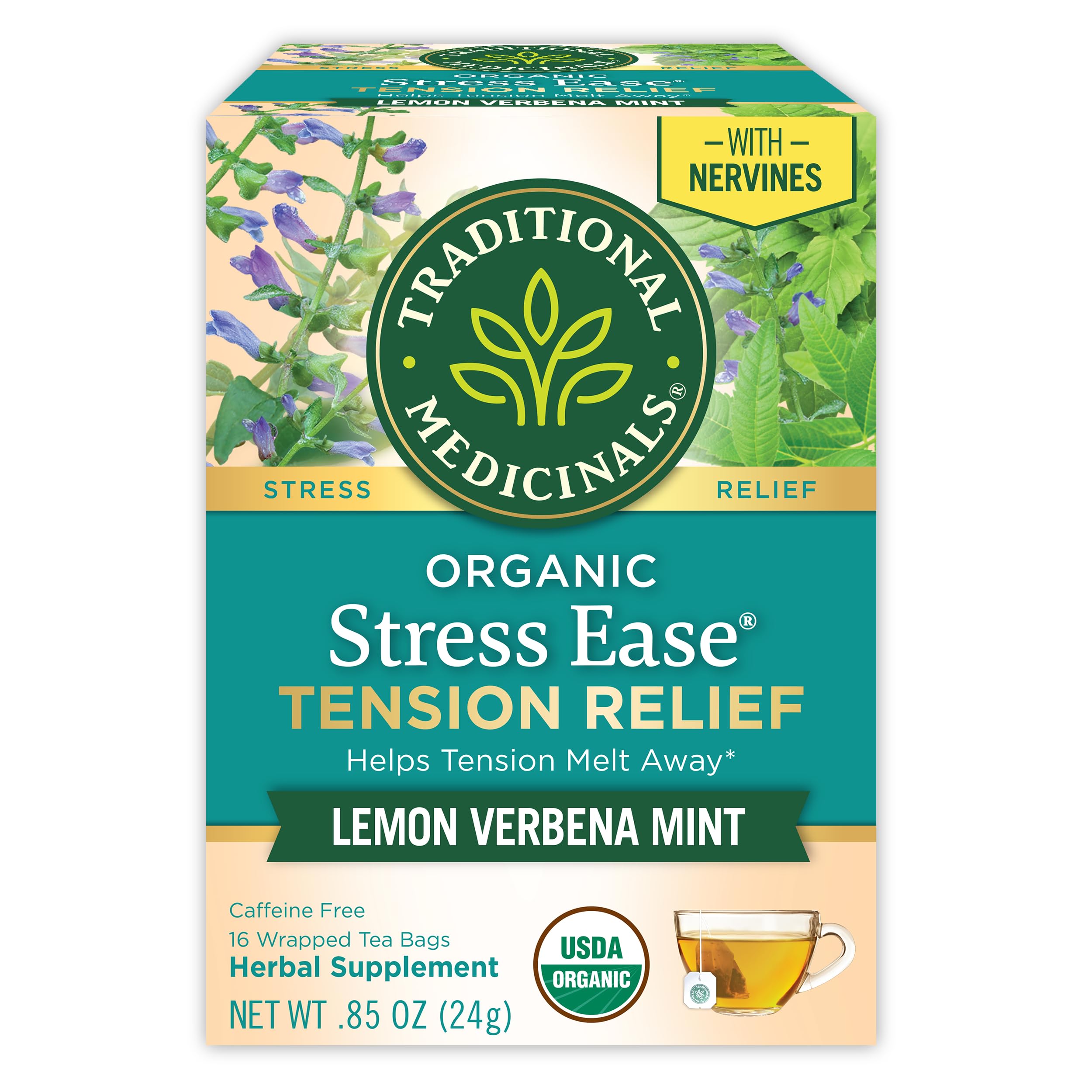 Traditional Medicinals Organic, Stress Ease Tension Relief, Lemon Verbena Mint Tea - Supports Stress Relief - Kosher, Non-GMO, Caffeine-Free, Compostable - 16 Tea Bags