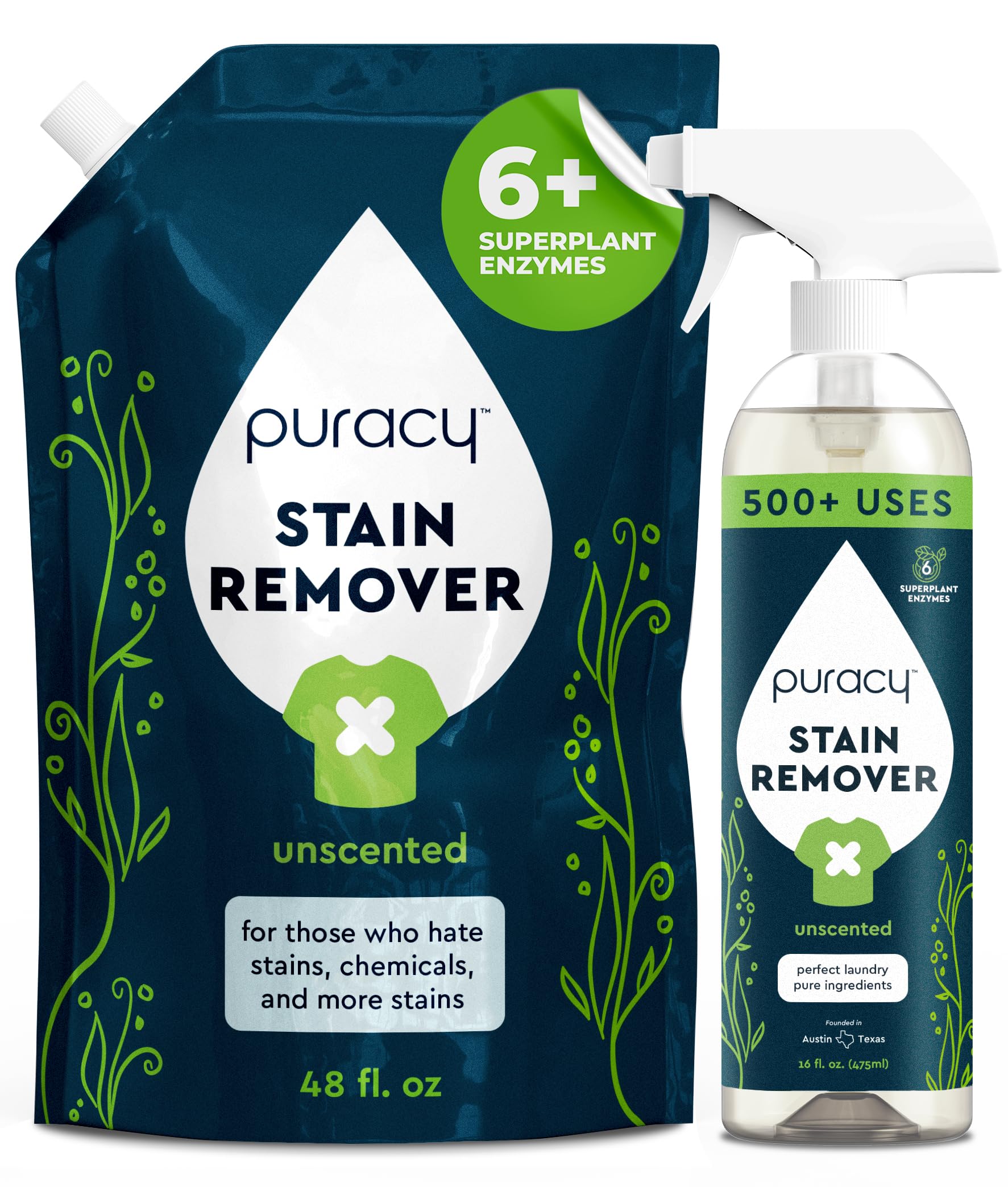 Puracy Stain Remover, Natural Based Travel and Laundry Stain Cleaner for Clothes, Baby Essentials, Kids Stains, Oil and Fabric Spot Cleaner, Unscented (Stain Remover Spray and Refill, 64 fl oz)