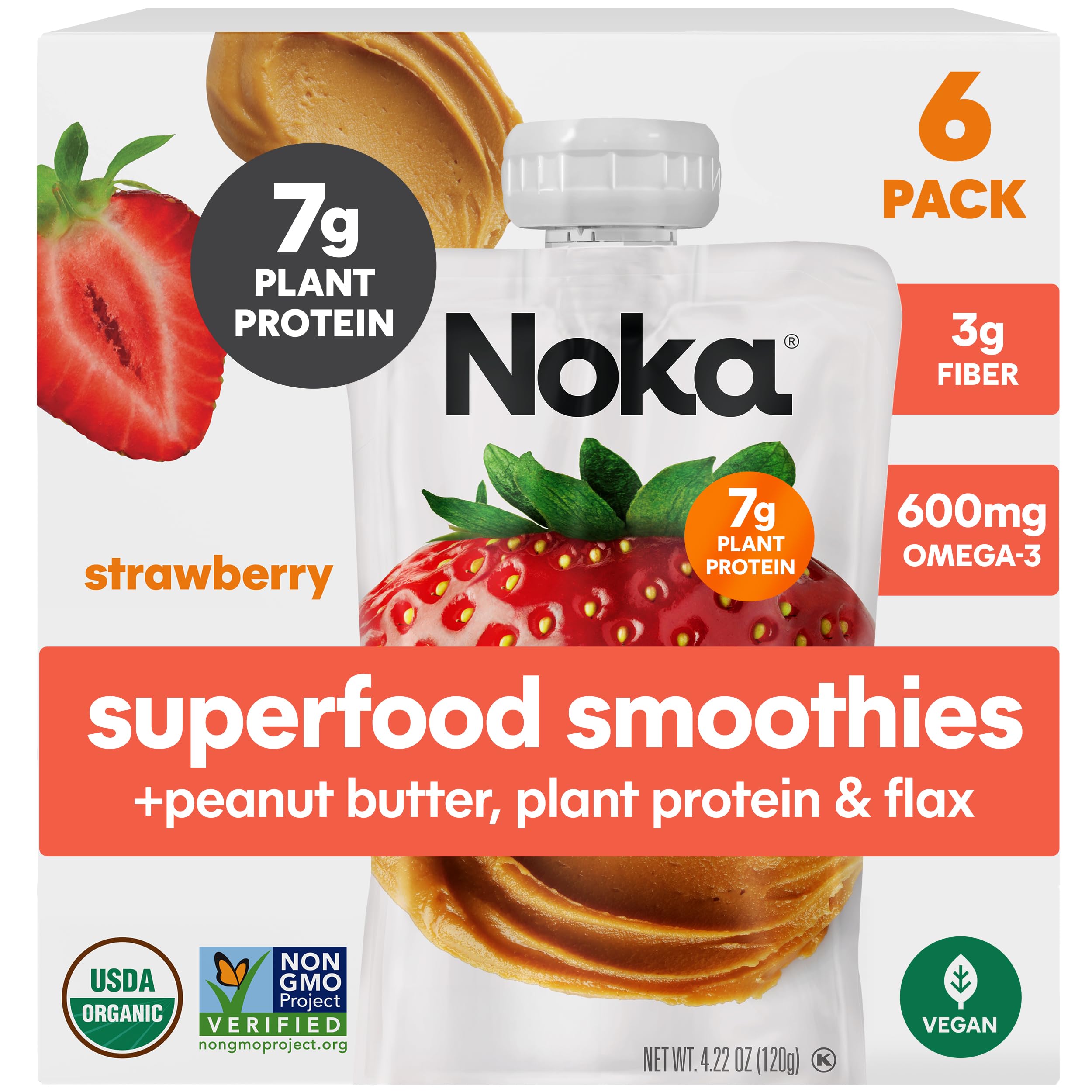 Noka Superfood Fruit & Nut Butter Smoothie Pouches, Healthy Snacks (Strawberry Peanut Butter) 6 Pack, Vegan, Plant Protein, Gluten-Free, Organic, Meal Replacement Squeeze Packs, 4.22oz Ea