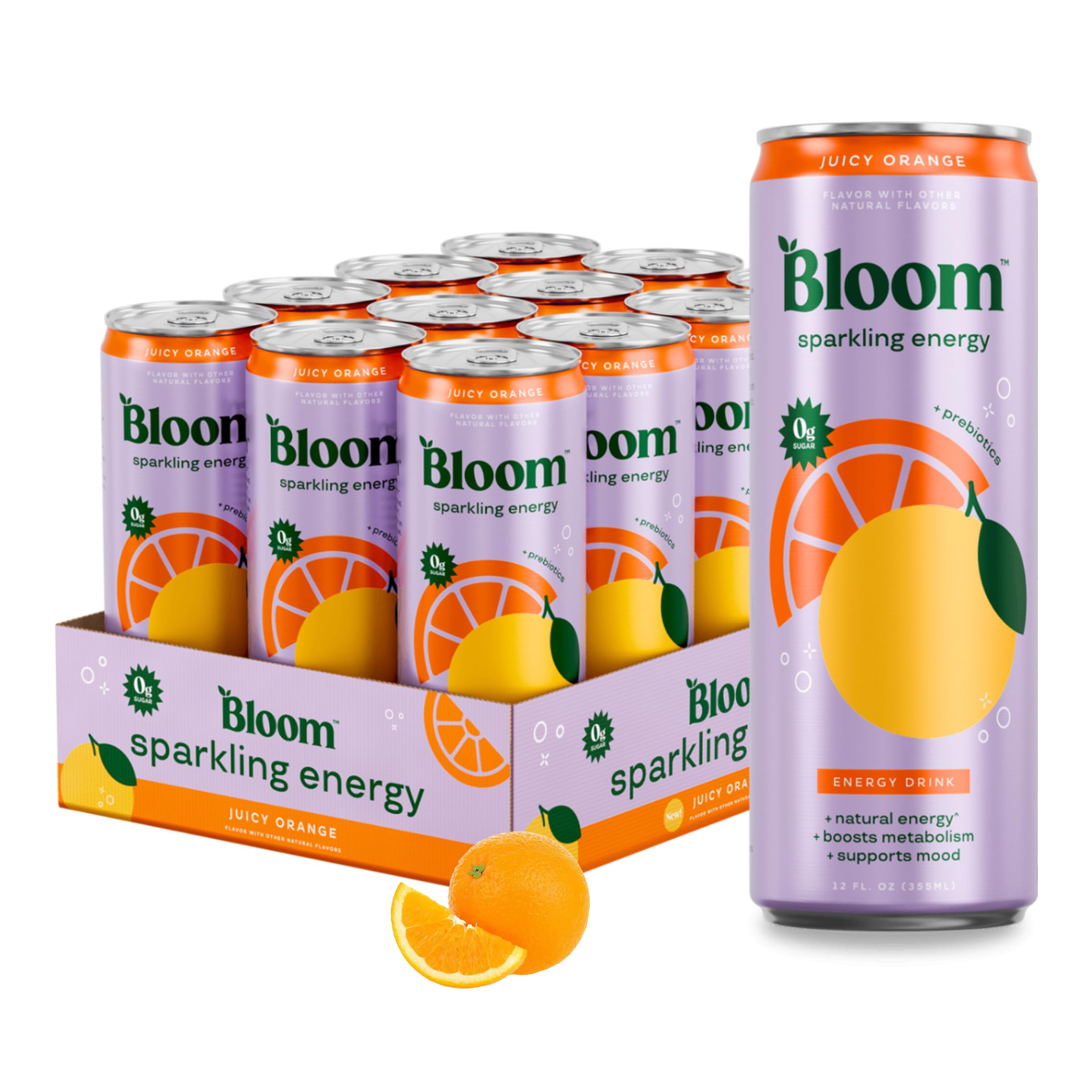 Bloom Nutrition Orange Sparkling Energy Drink 12oz 12 Pack