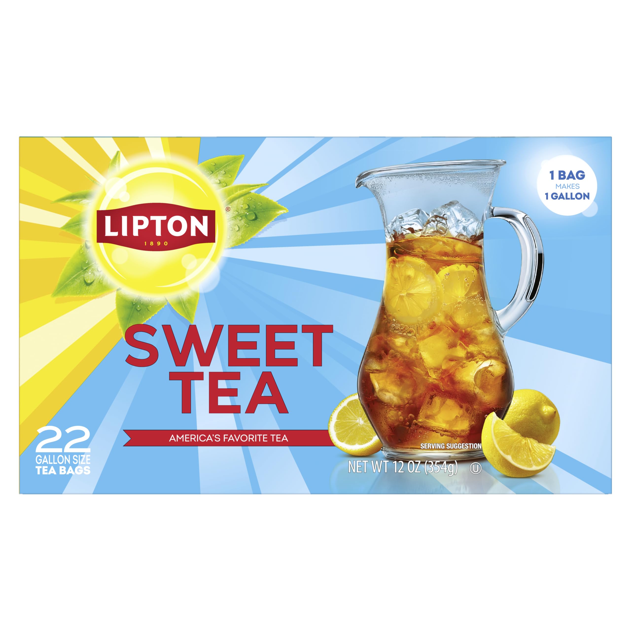 Lipton Southern Sweet Black Tea Bags Gallon Size 22-Count Zero Calories Rainforest Alliance Certified Iced Tea for Hot Brew Cold Drink Family Size Bulk Tea Beverage