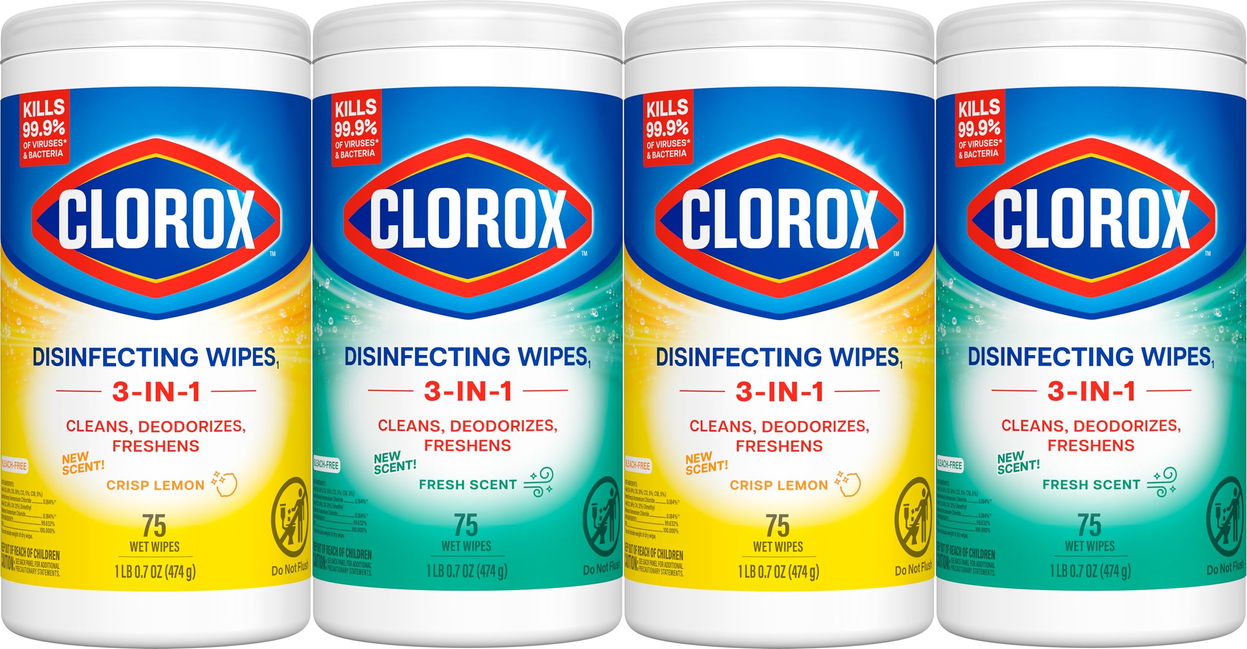 Clorox Disinfecting Cleaning Wipes for Spring Cleaning & Allergy Season, Bleach Free, Fresh Scent and Crisp Lemon, 75 Count Each, Pack of 4