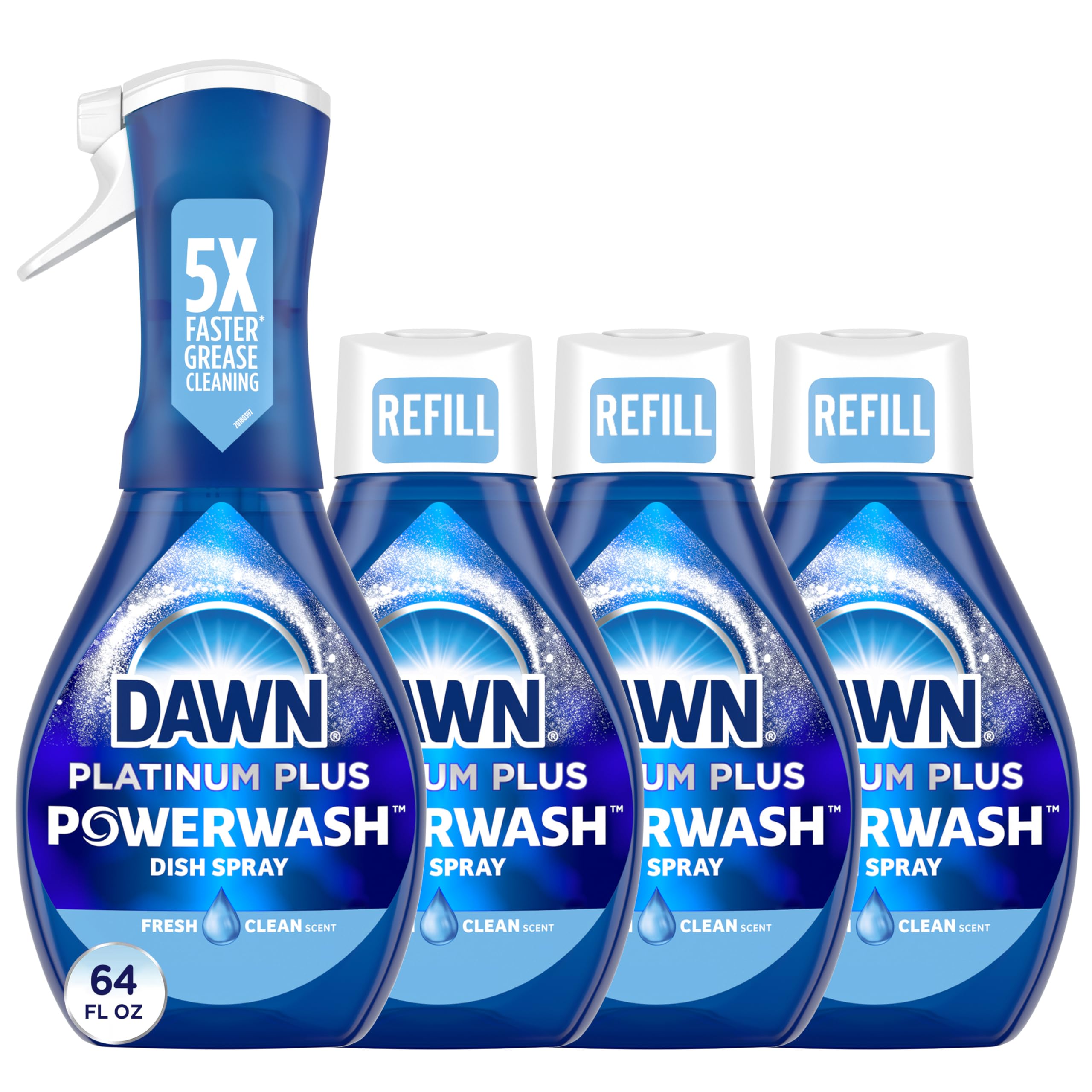 Dawn Platinum Powerwash Dish Spray, Dish Soap Liquid, Fresh Scent Bundle, 1 Spray + 3 Refills, 16oz Each (Pack of 4)