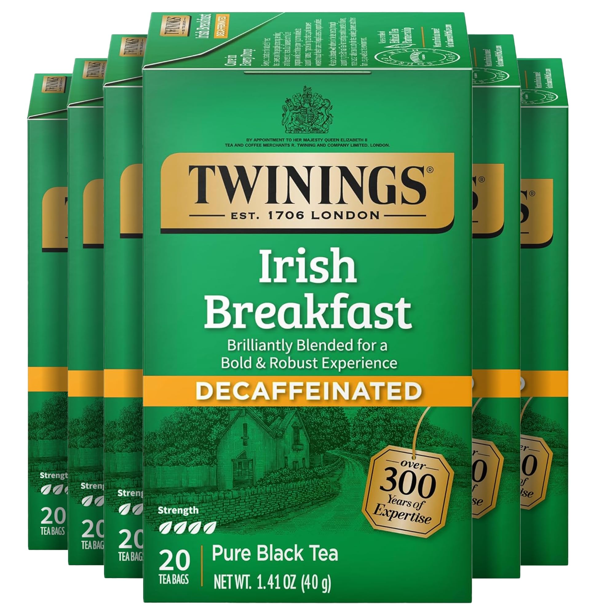 Twinings Decaffeinated Irish Breakfast Black Tea Individually Wrapped Bags, 20 Count (Pack of 6), Flavourful, Robust, Enjoy Hot or Iced, 120 Teabags