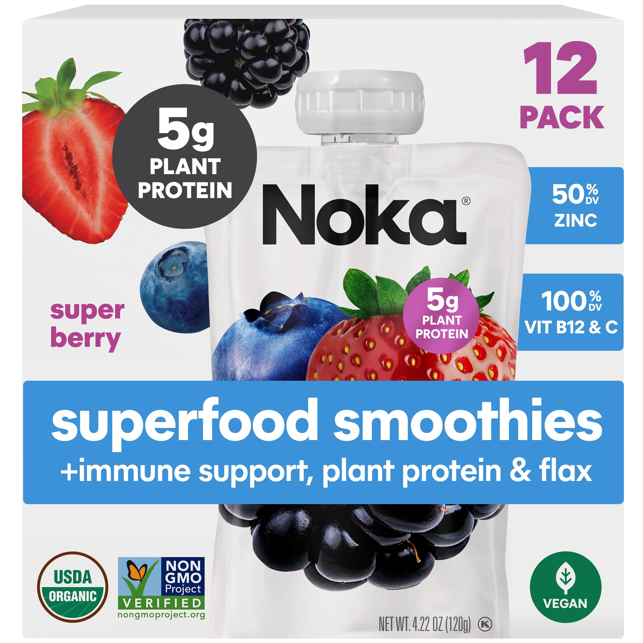 Noka Organic Superfood Smoothie Pouches Ã¢Â€Â“ Super Berry Ã¢Â€Â“ Immune Support with Elderberry, Vitamin C & Plant Protein, Organic Healthy Snacks for Kids & Adults, 4.22oz (12 Pack)